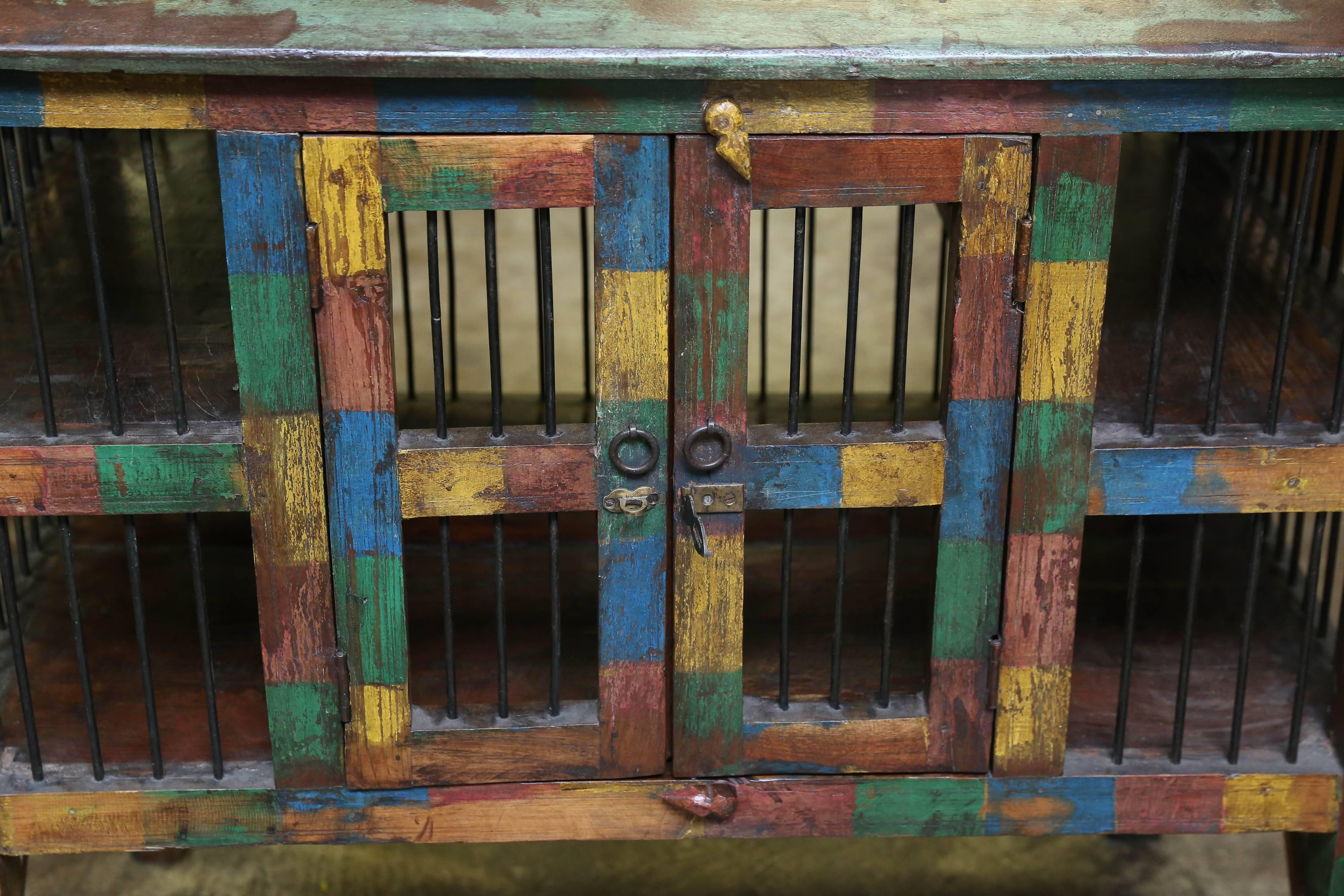 Antique Teak Wood and Iron Bird Cage from a Community Farm in Central India In Good Condition In Houston, TX