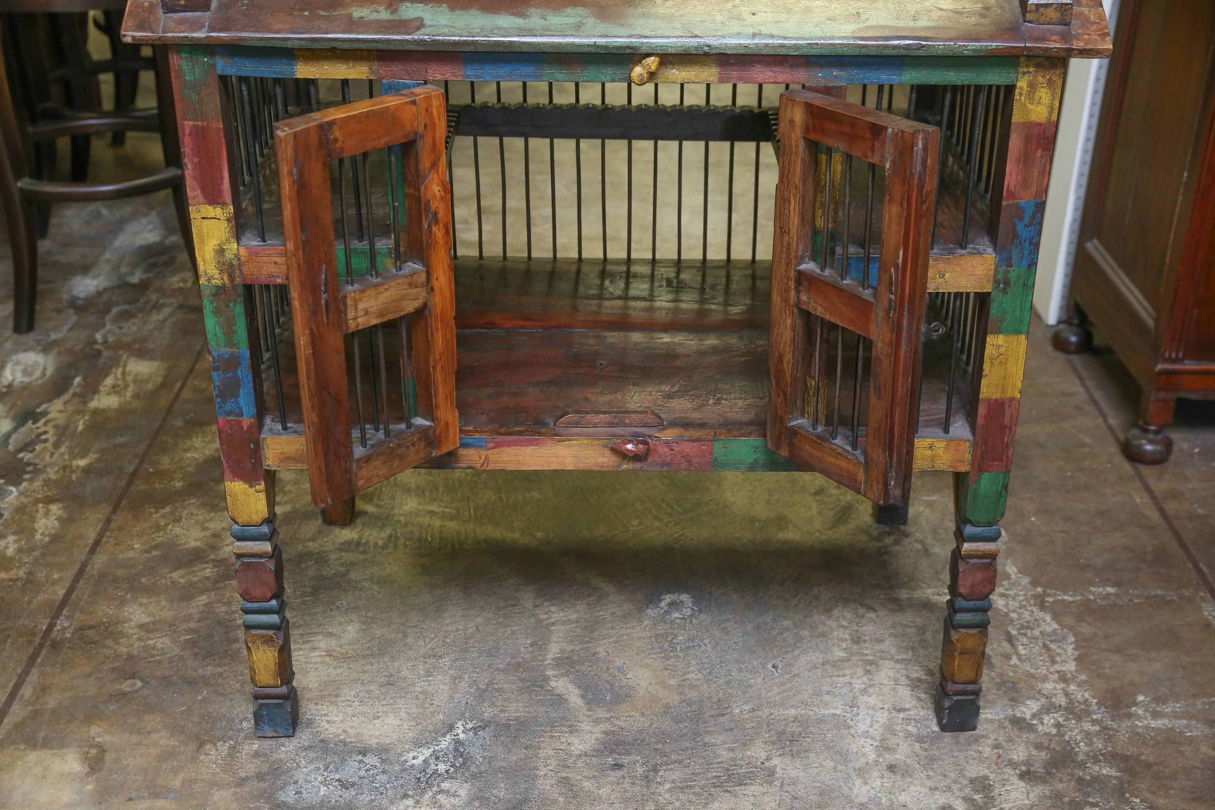 Early 20th Century Antique Teak Wood and Iron Bird Cage from a Community Farm in Central India