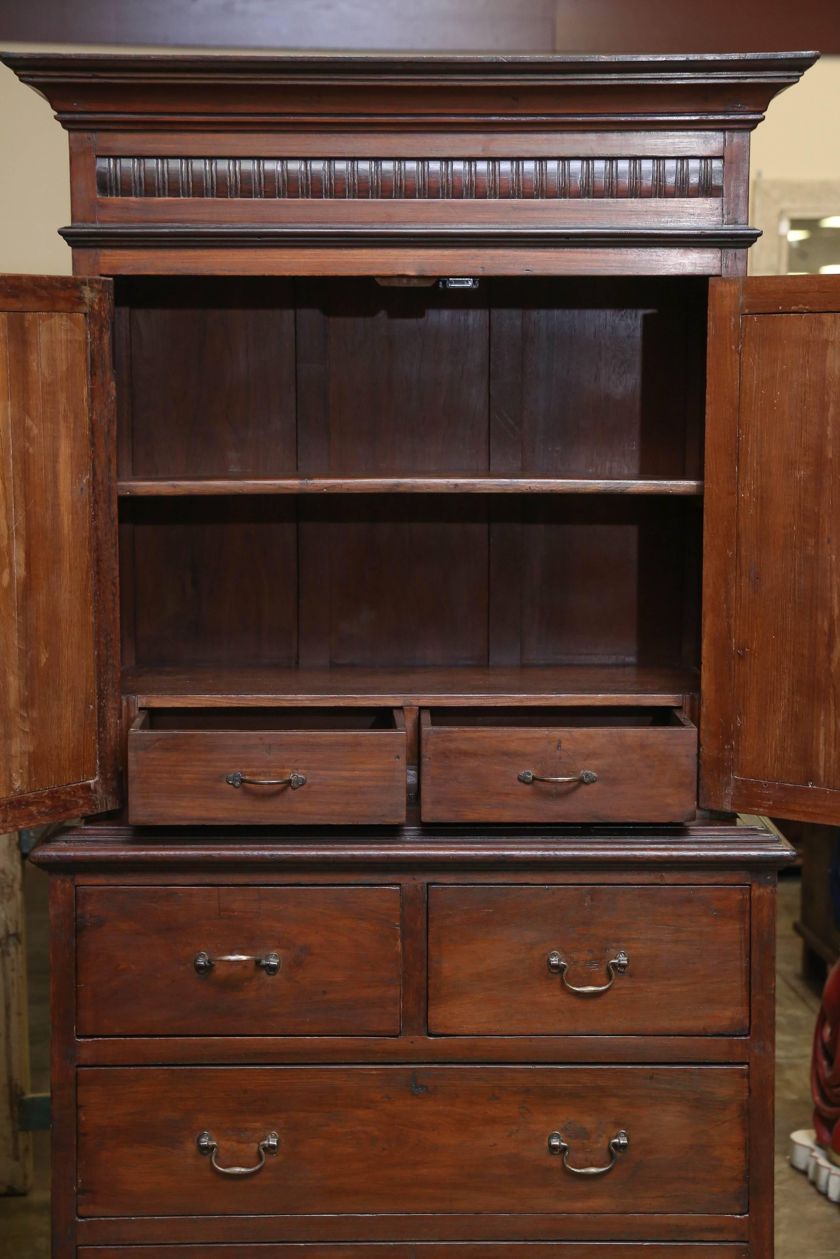 Hand-Crafted Two Parts 1870s Superbly Handcrafted Teak Wood British Colonial Cabinet For Sale