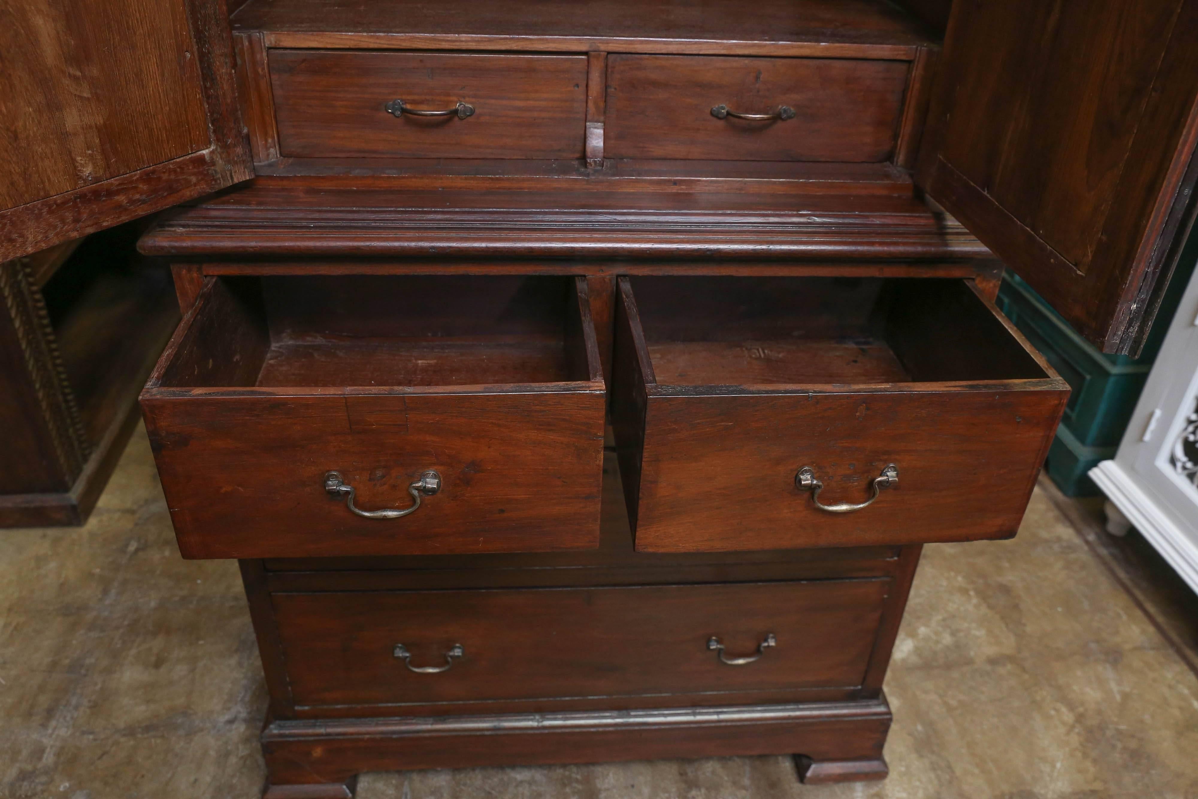 Two Parts 1870s Superbly Handcrafted Teak Wood British Colonial Cabinet In Excellent Condition For Sale In Houston, TX