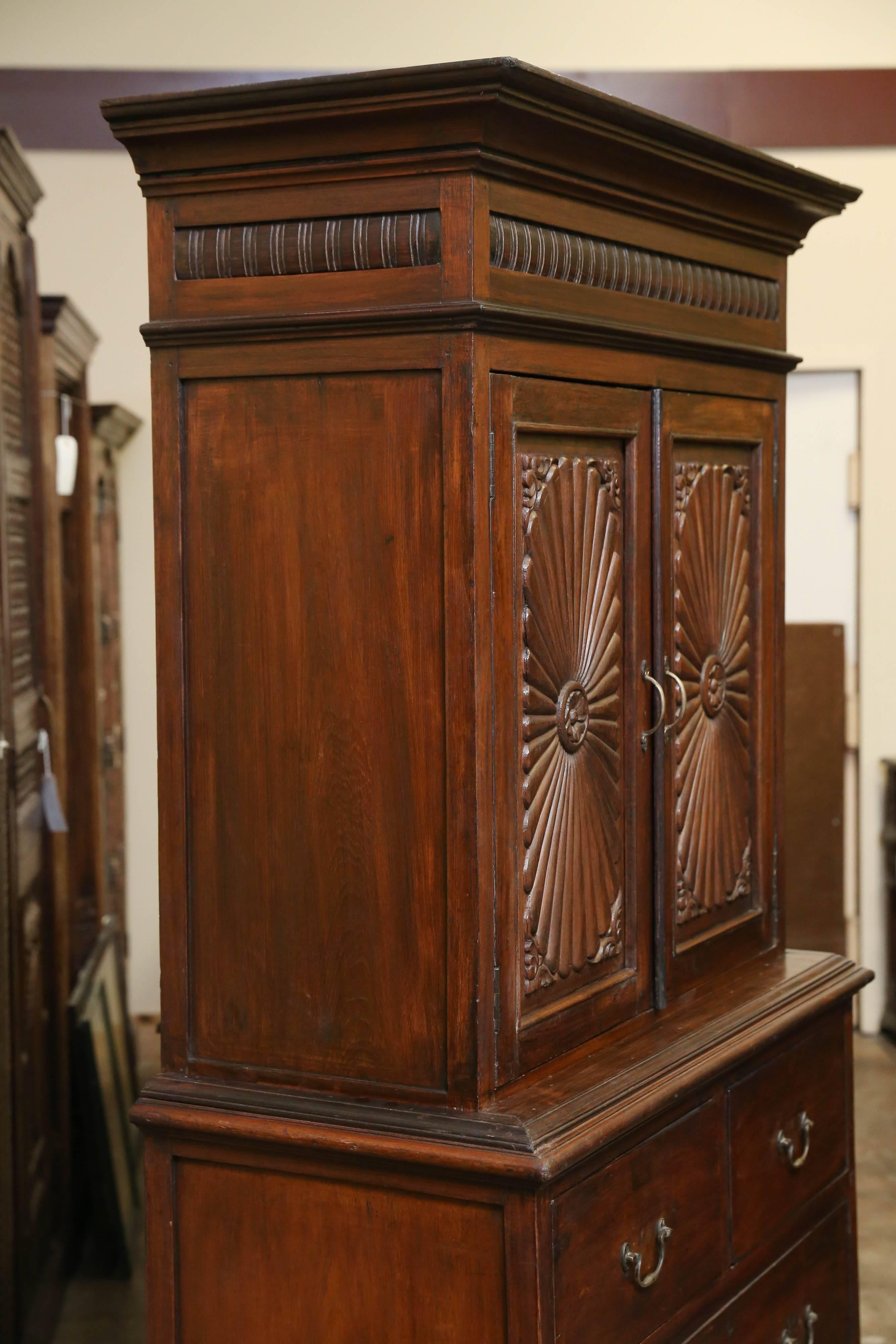 Two Parts 1870s Superbly Handcrafted Teak Wood British Colonial Cabinet For Sale 1