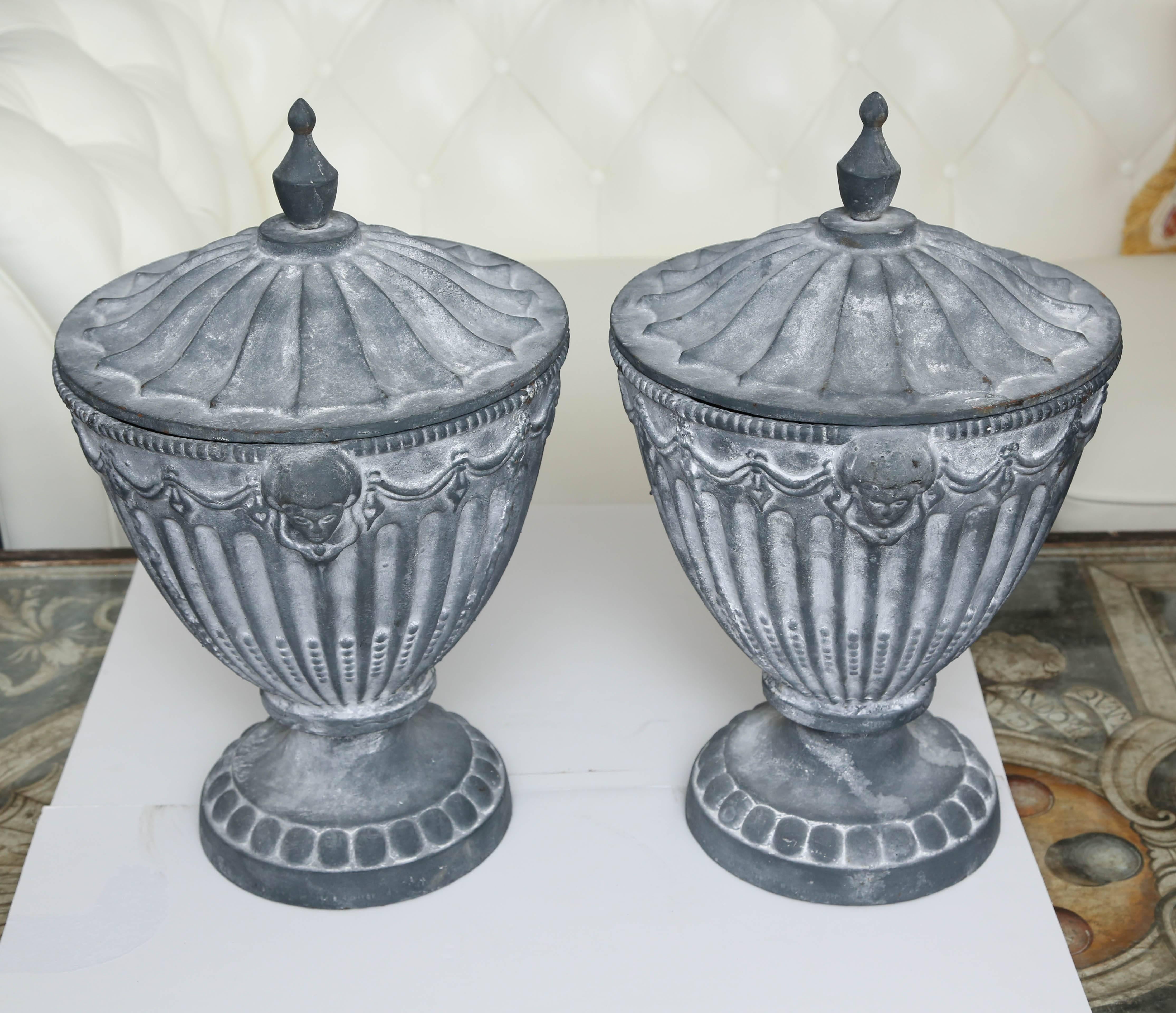 European Pair of Covered Neoclassic Iron Garden Urns