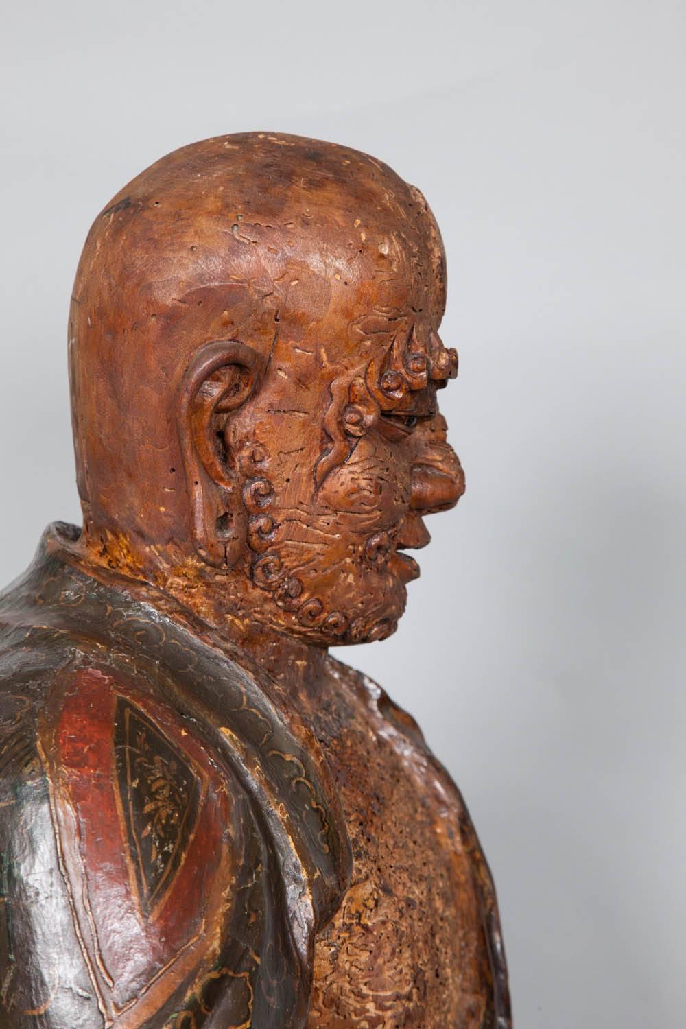 18th Century and Earlier Chinese Ming Dynasty Wooden Sculpture of Arhat 'Luohan', 16th Century For Sale