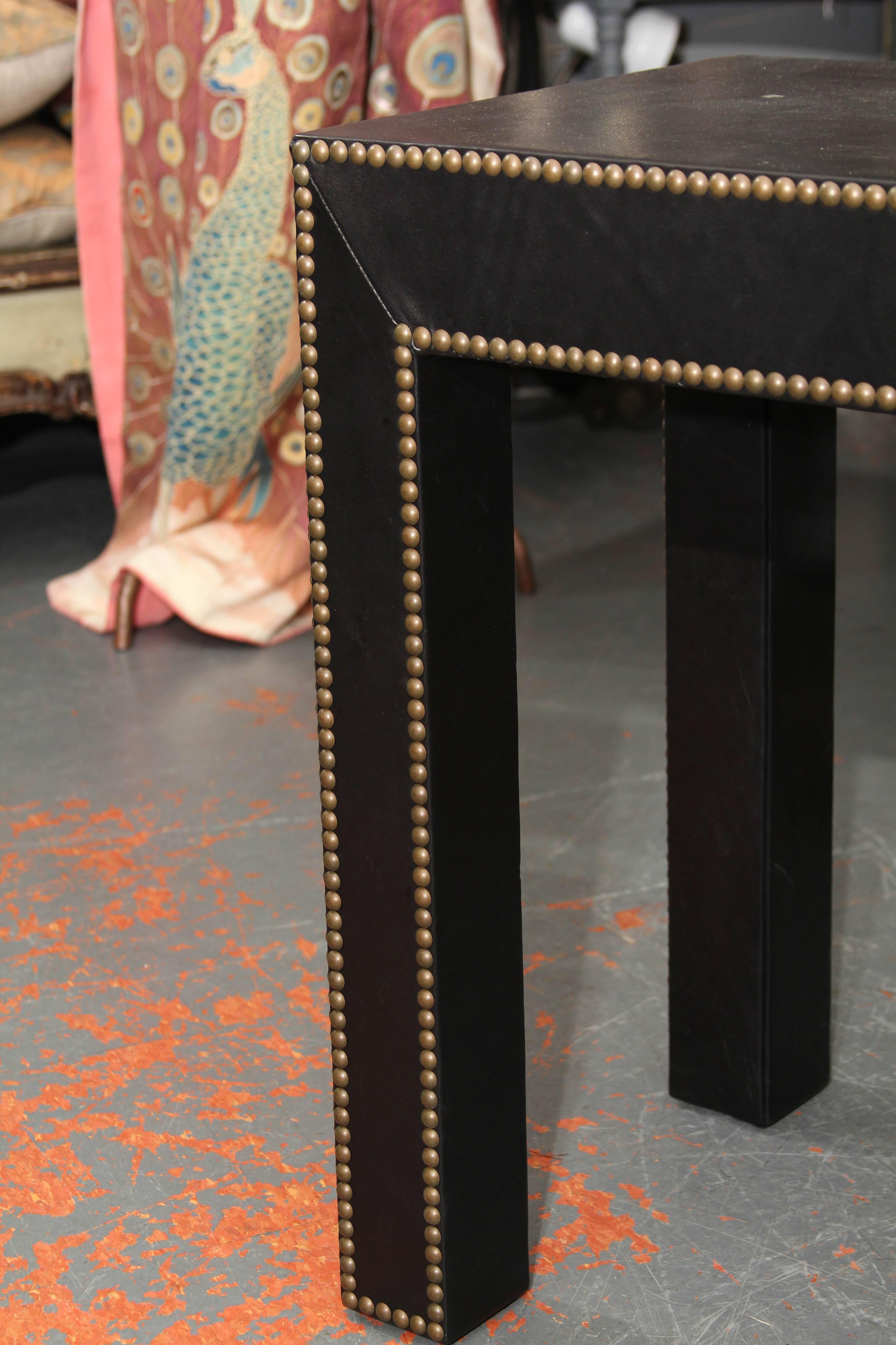 American Modern Console Table in Black Leather and Nailhead Trim