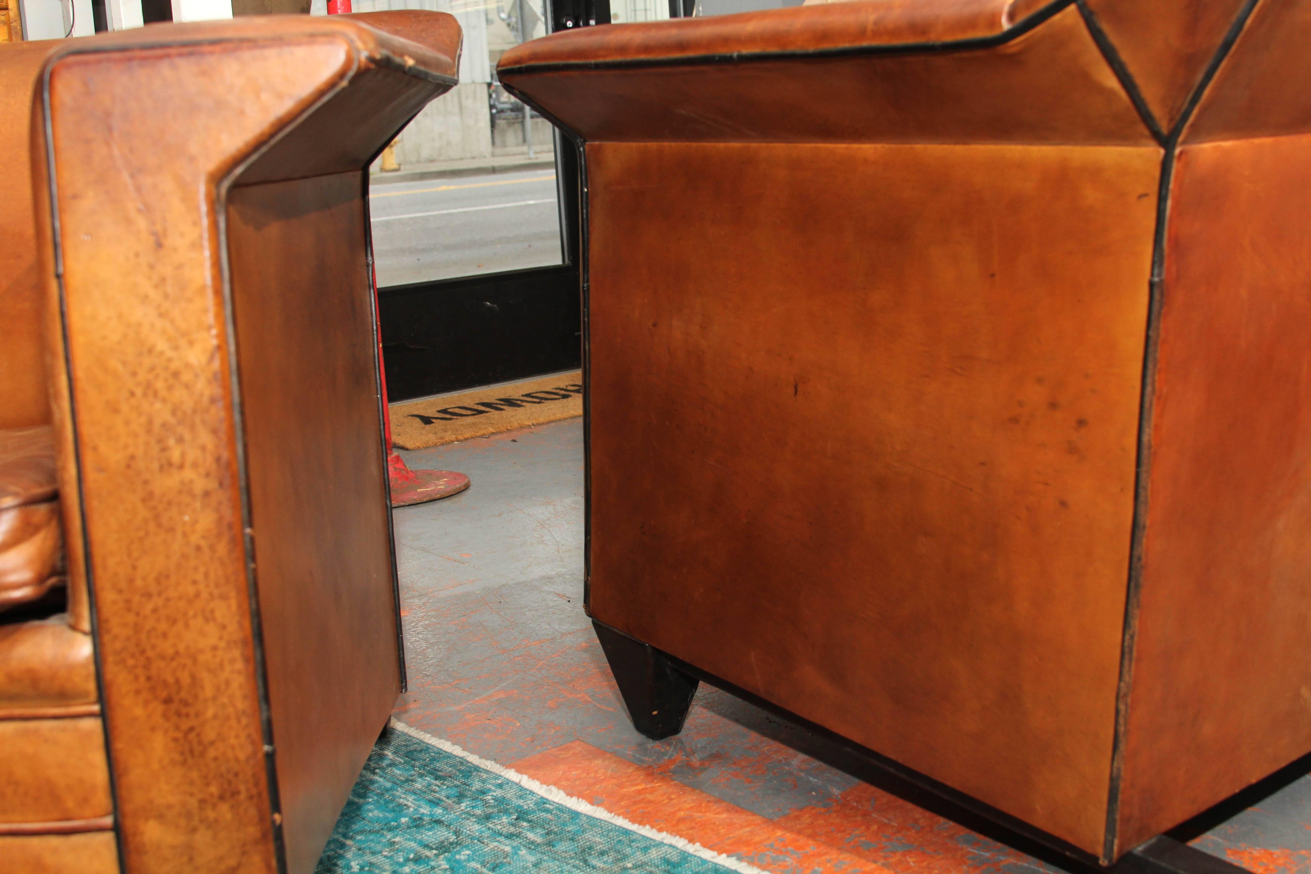 Pair of European Art Deco Even-Arm Club Chairs in Caramel Leather 5