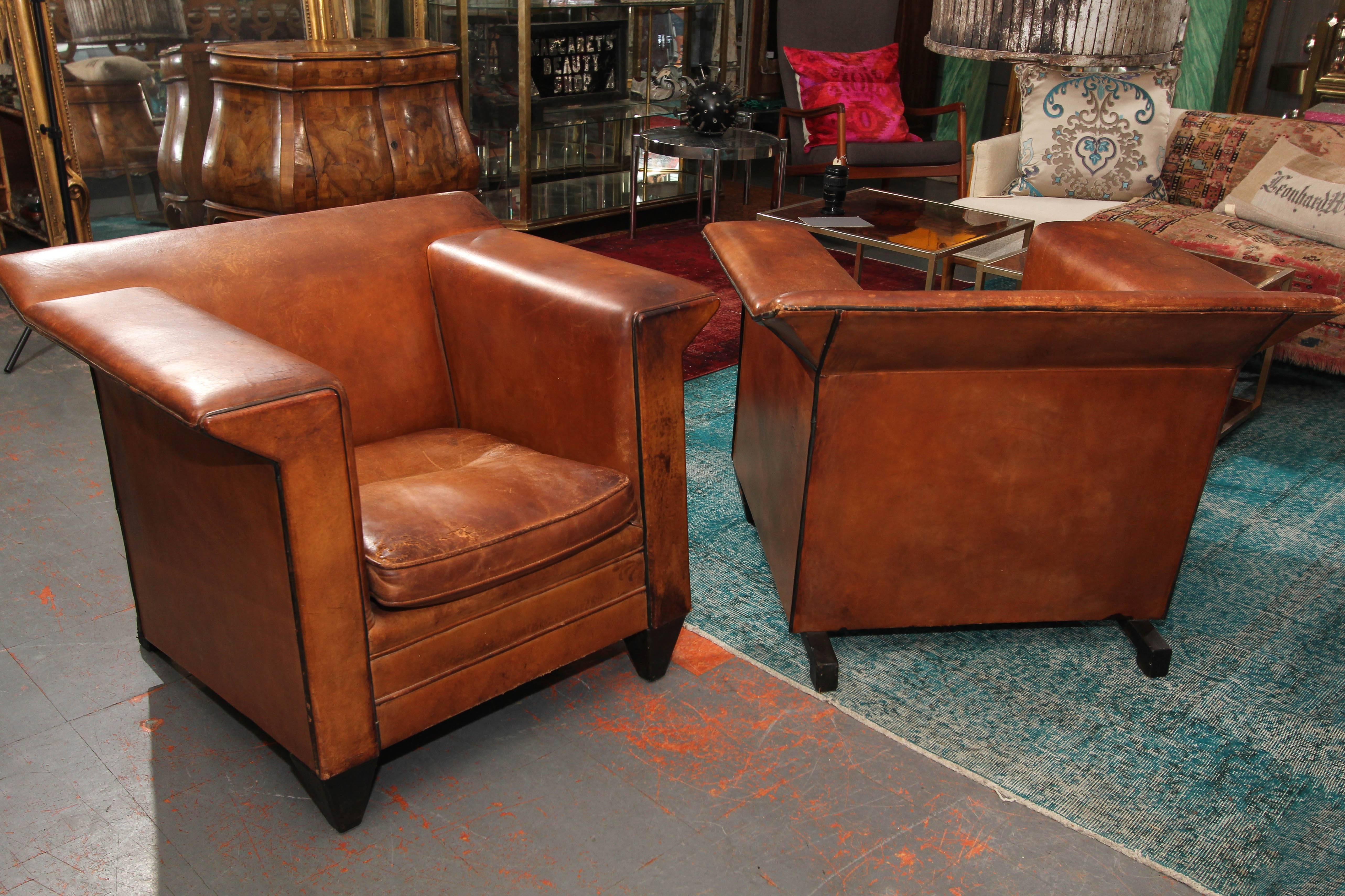 Pair of European Art Deco Even-Arm Club Chairs in Caramel Leather 6