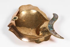 Midcentury Large Brass, Copper and Abalone Fish Dish