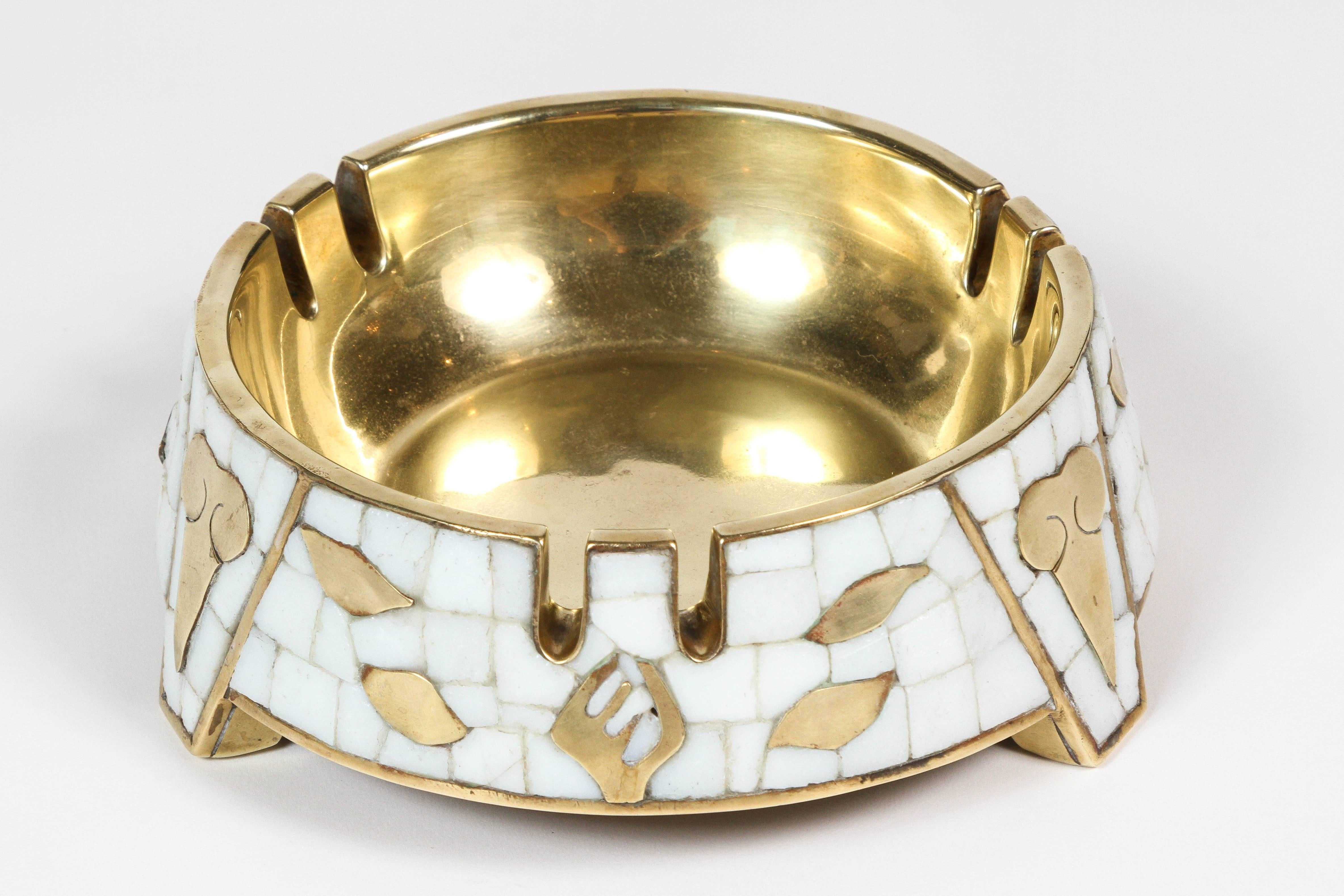 Midcentury large brass with white glass tesserae mosaic ashtray by Mexican modernist Salvador Vaca Terán (1920 –1974). Stamped and numbered.