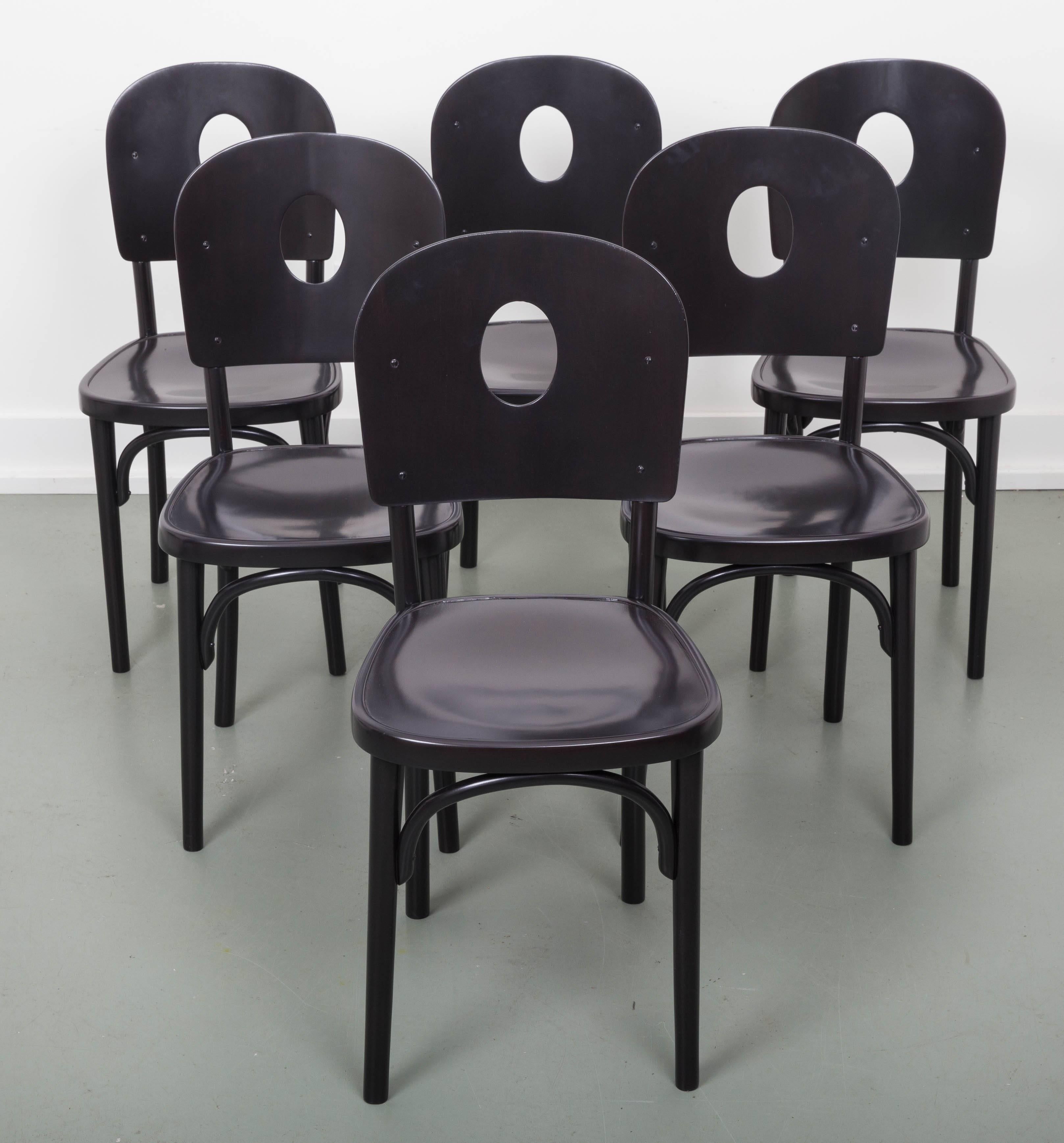 Set of 6 completely restored ebonized beech bentwood chairs, manufactured by Jocob and Josef Kohn. 