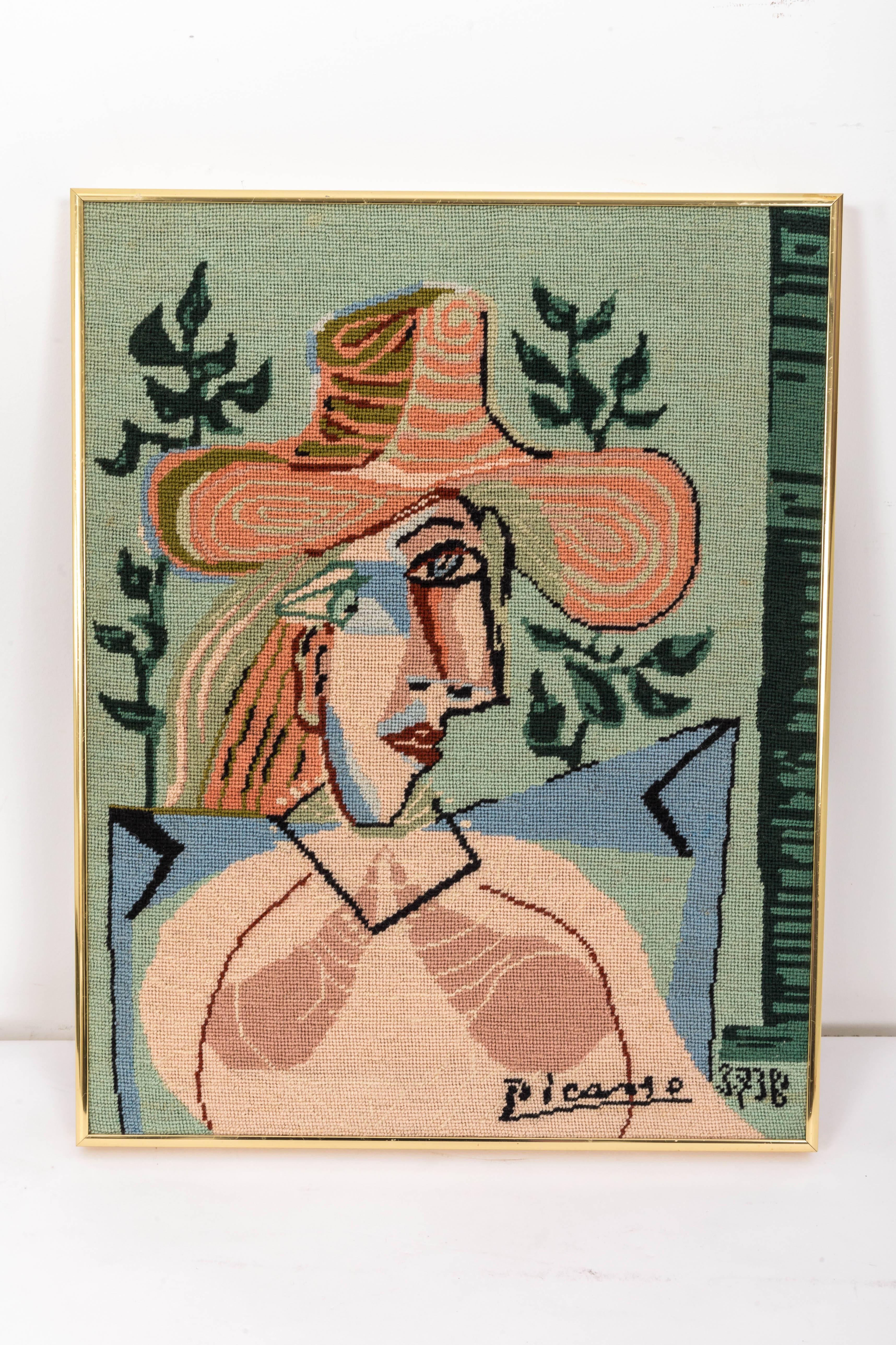 American Picasso Portrait in Needlepoint, Lady in Hat
