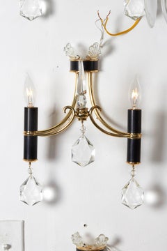 Italian 1940s Brass, Black Enamel and Crystal Sconces