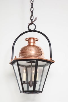 20th Century French Copper and Glass Lantern with Iron Ring Top