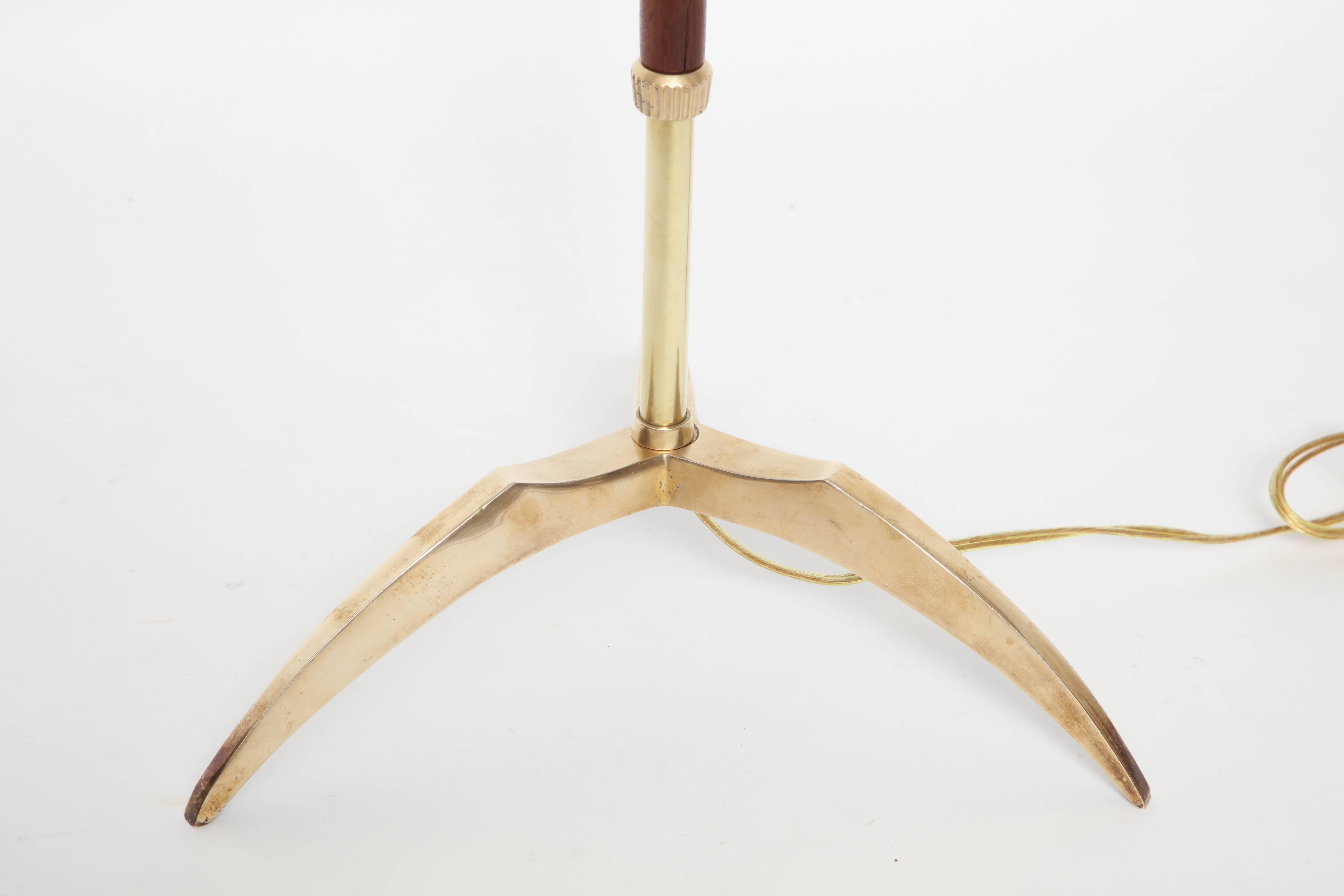 Mid-20th Century Midcentury Brass and Wood Standing Lamp on Tripod Base, Spain, circa 1950s