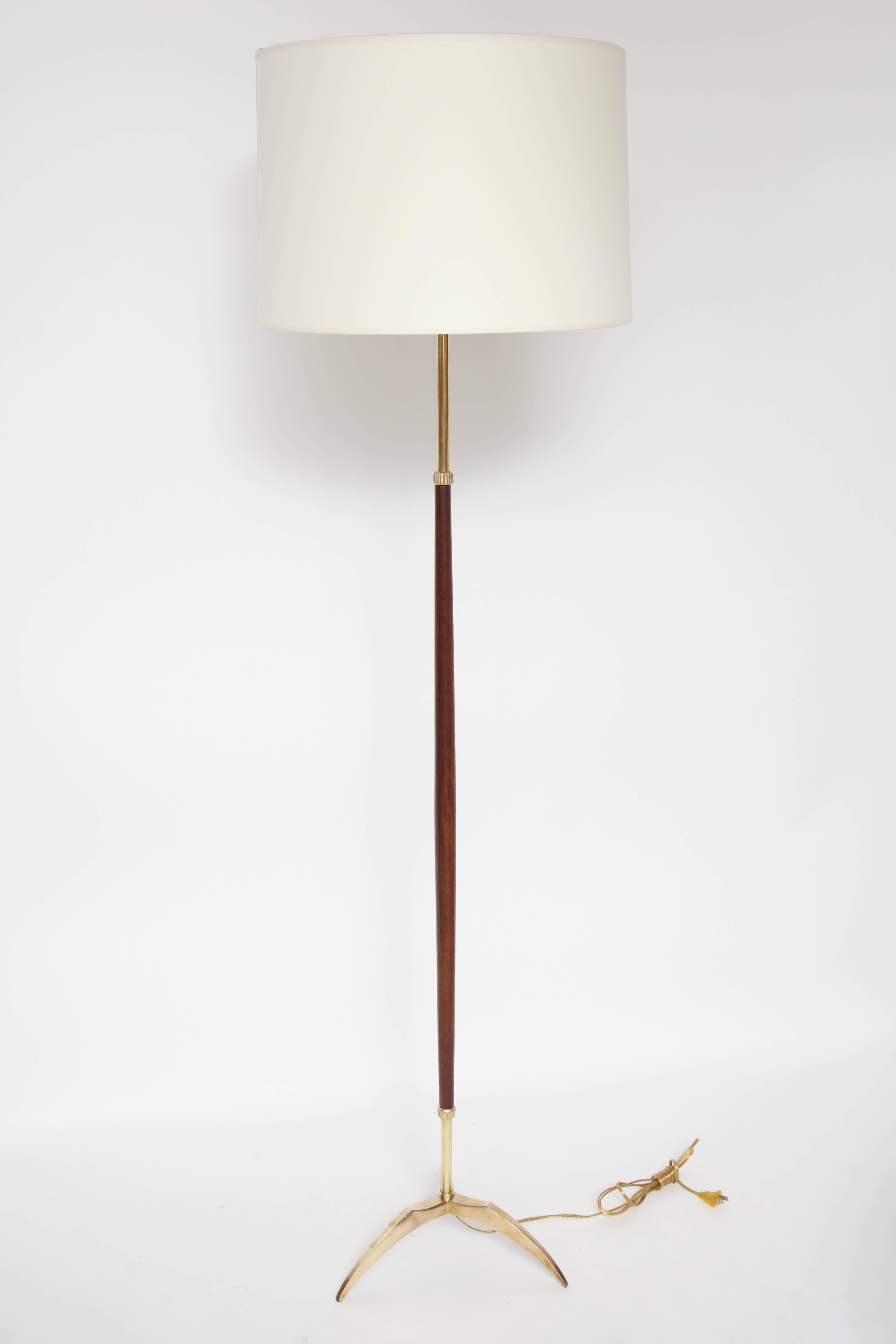 Midcentury Brass and Wood Standing Lamp on Tripod Base, Spain, circa 1950s 1