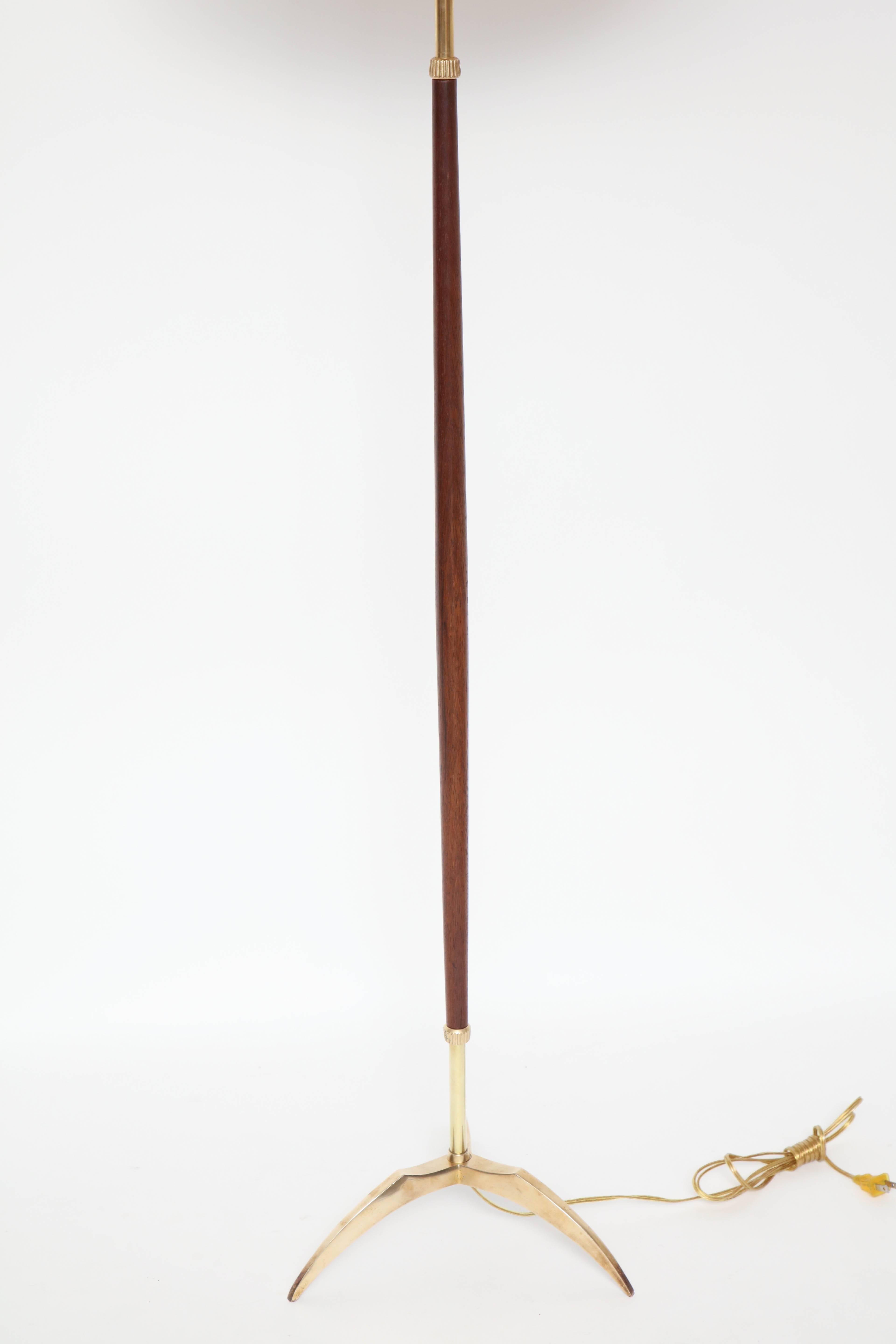 Midcentury Brass and Wood Standing Lamp on Tripod Base, Spain, circa 1950s 2