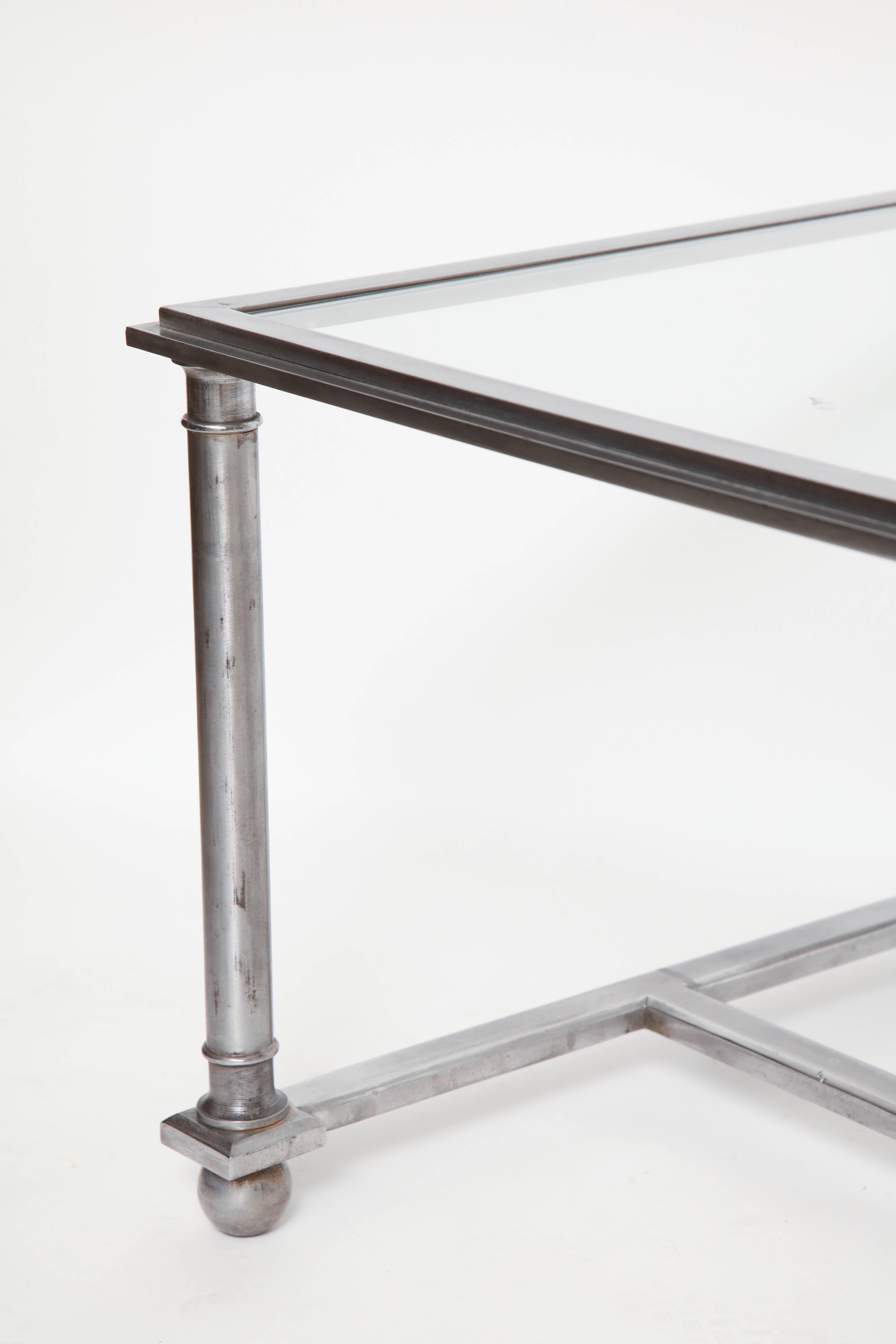 French Midcentury Rectangular Steel Coffee Table with Glass Top, France, circa 1960s