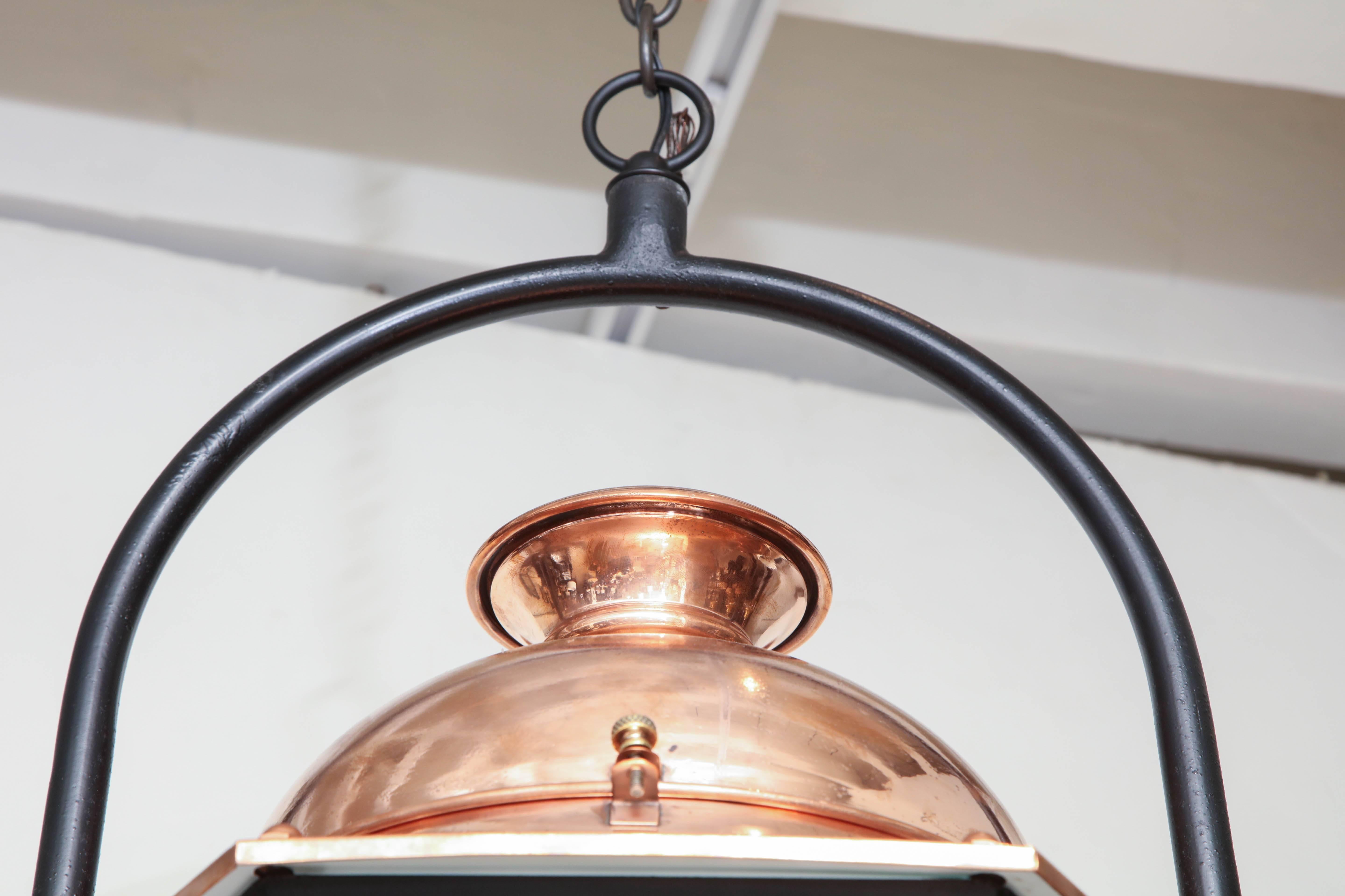 20th Century Copper and Glass Lantern/Pendant with Iron Ring Hanger, circa 1900 In Excellent Condition For Sale In New York, NY