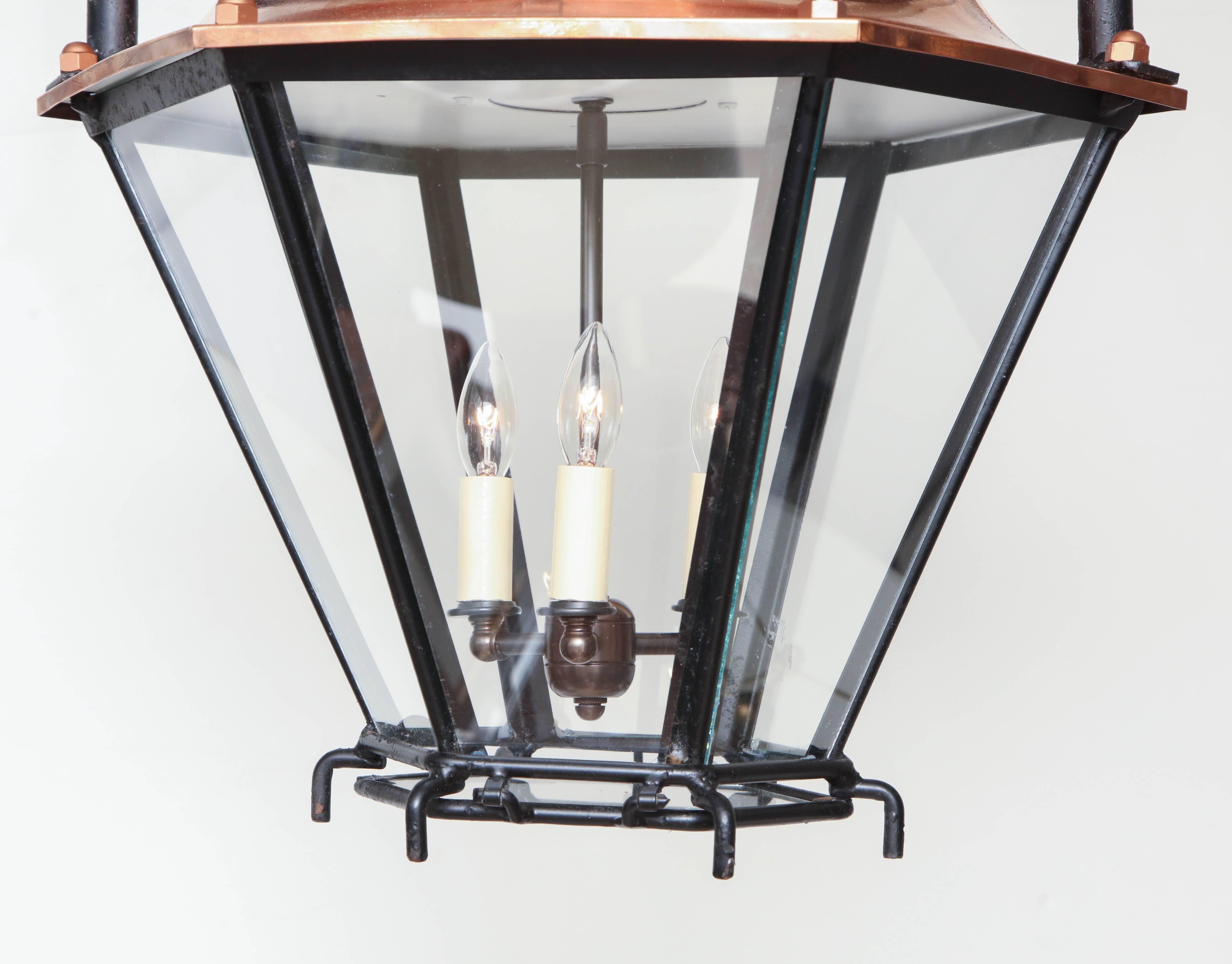 20th Century Copper and Glass Lantern/Pendant with Iron Ring Hanger, circa 1900 For Sale 2