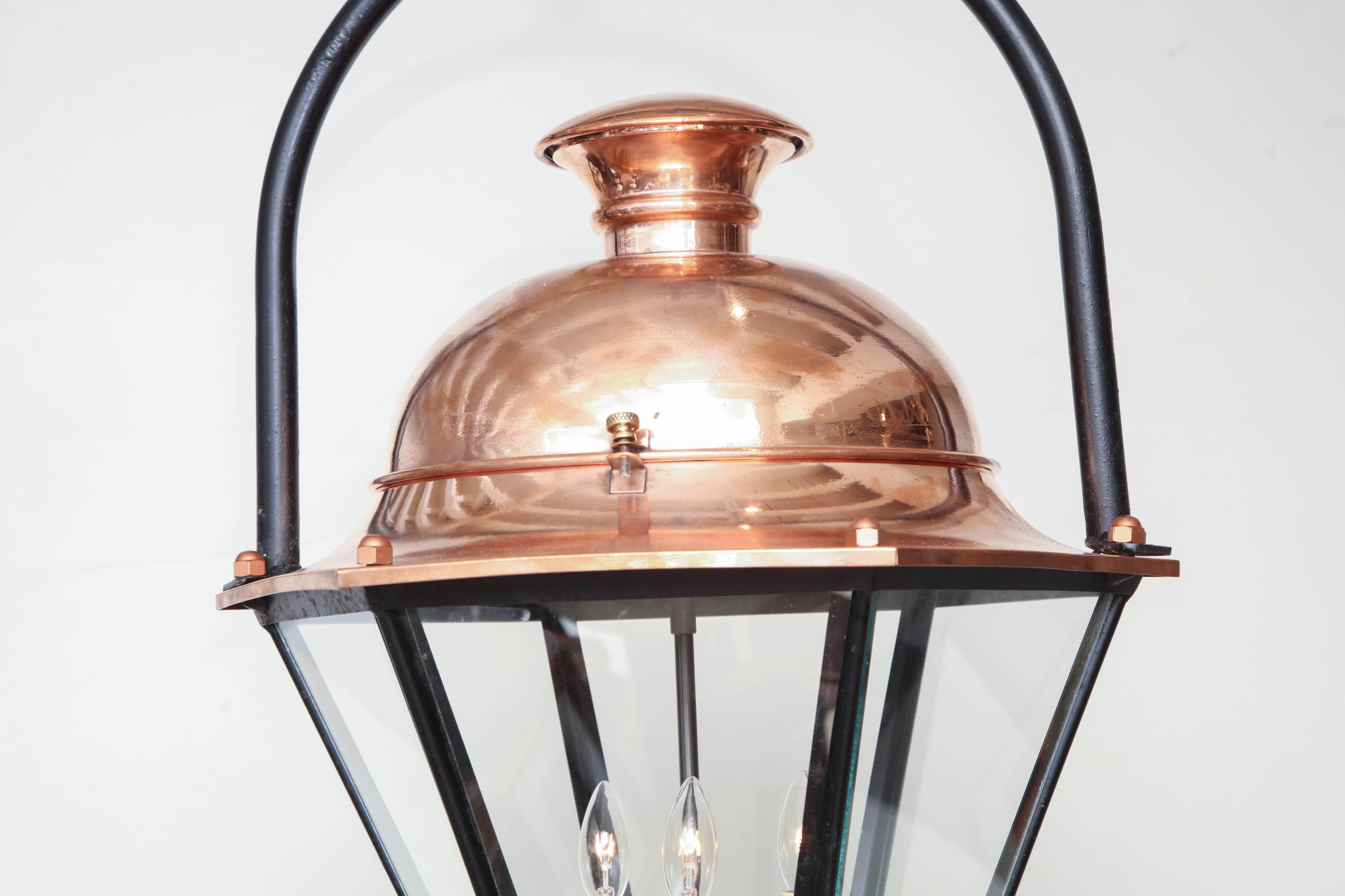 20th Century Copper and Glass Lantern/Pendant with Iron Ring Hanger, circa 1900 For Sale 3