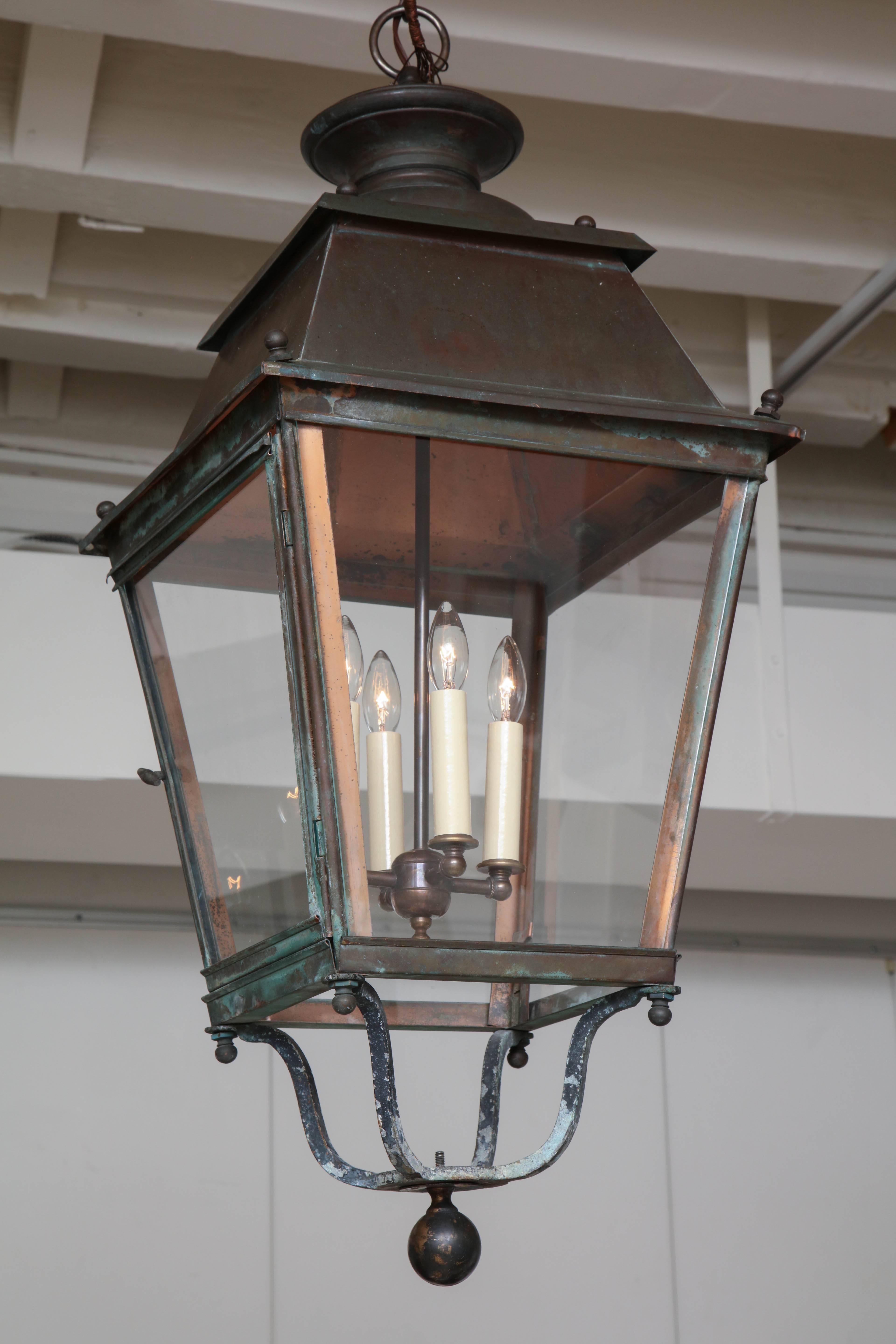 Pair of Square Patinated Copper and Glass Lanterns, France, circa 1940s In Excellent Condition In New York, NY