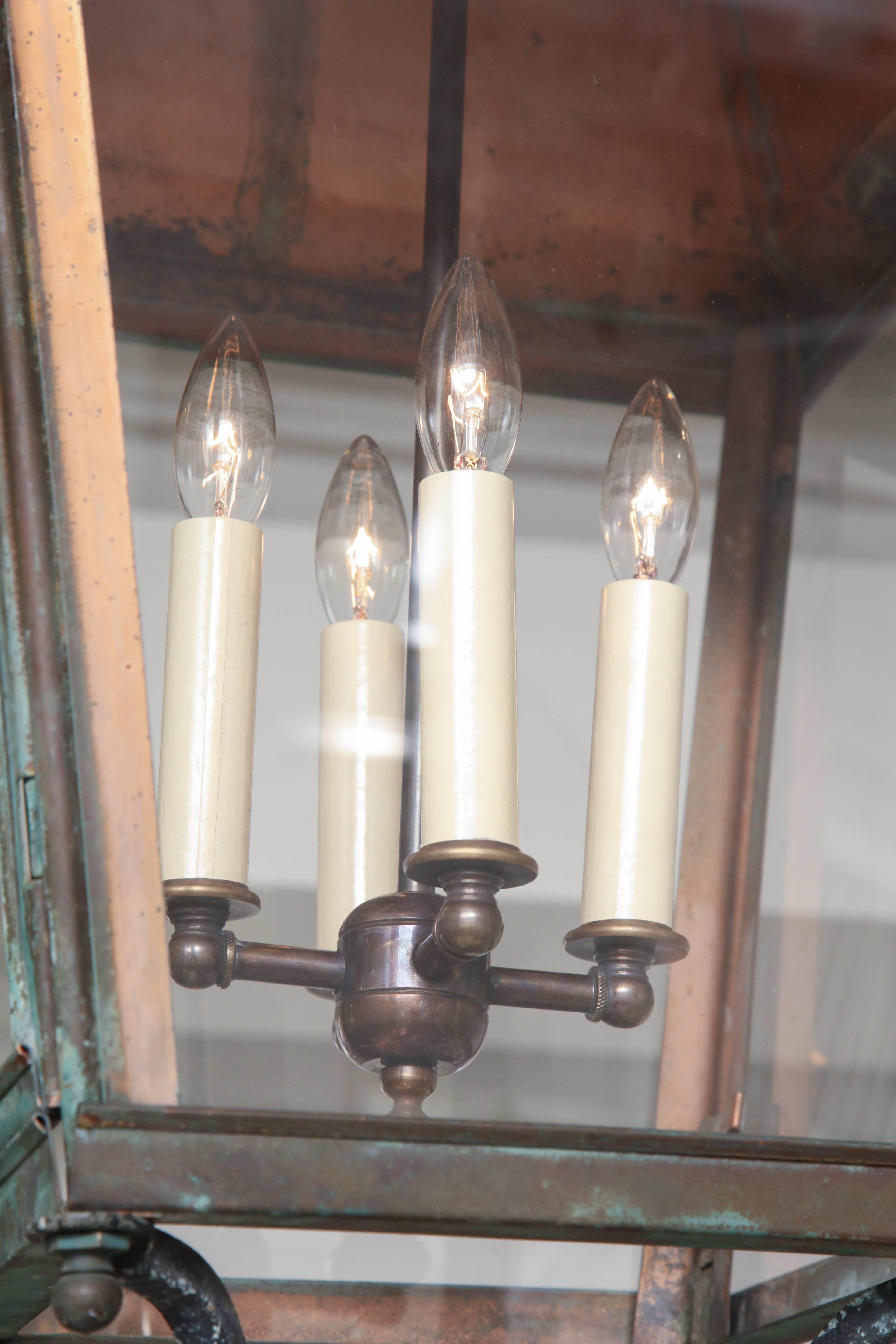 Pair of Square Patinated Copper and Glass Lanterns, France, circa 1940s 5