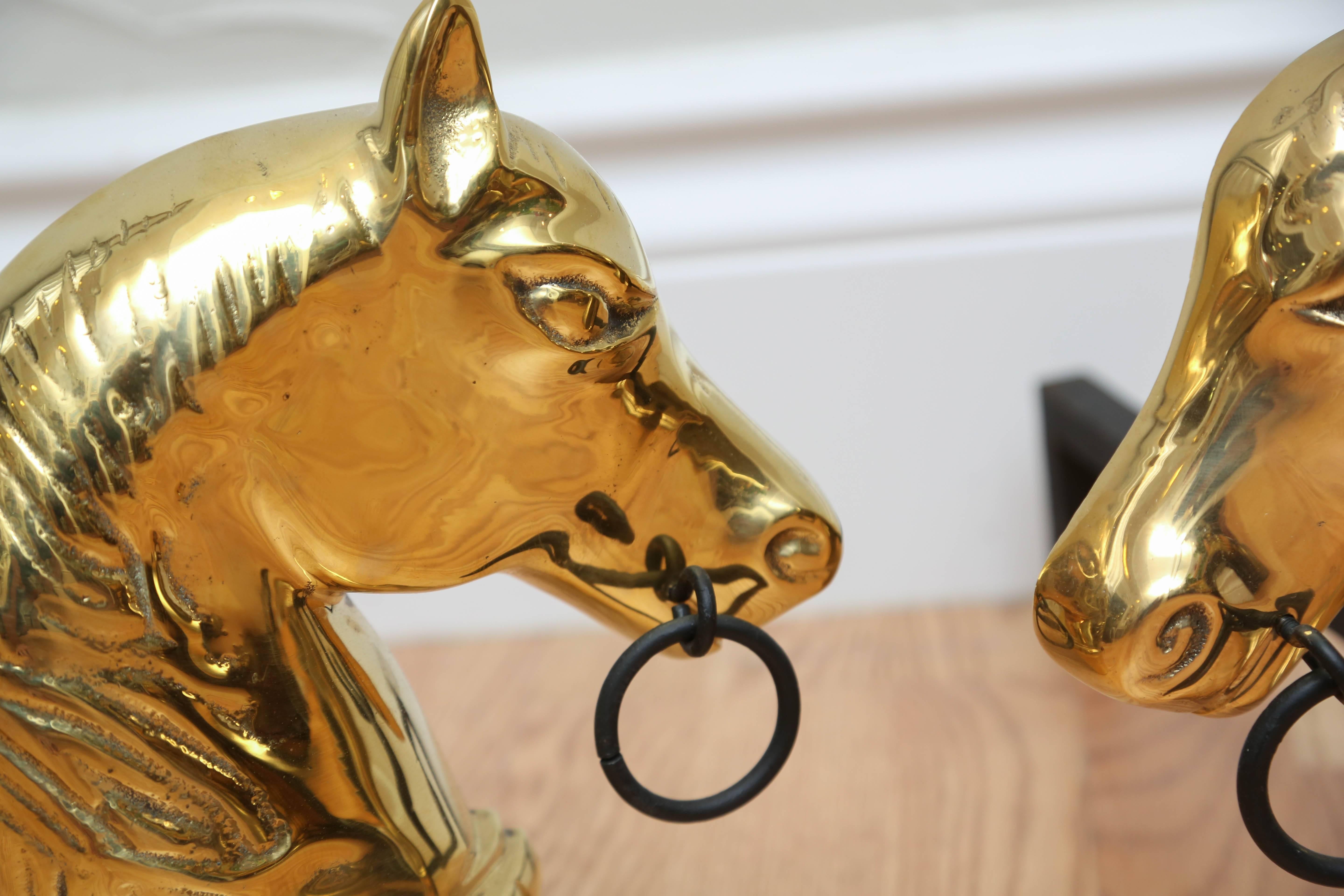 Pair of Solid Brass Horse Head Andirons In Good Condition In West Palm Beach, FL