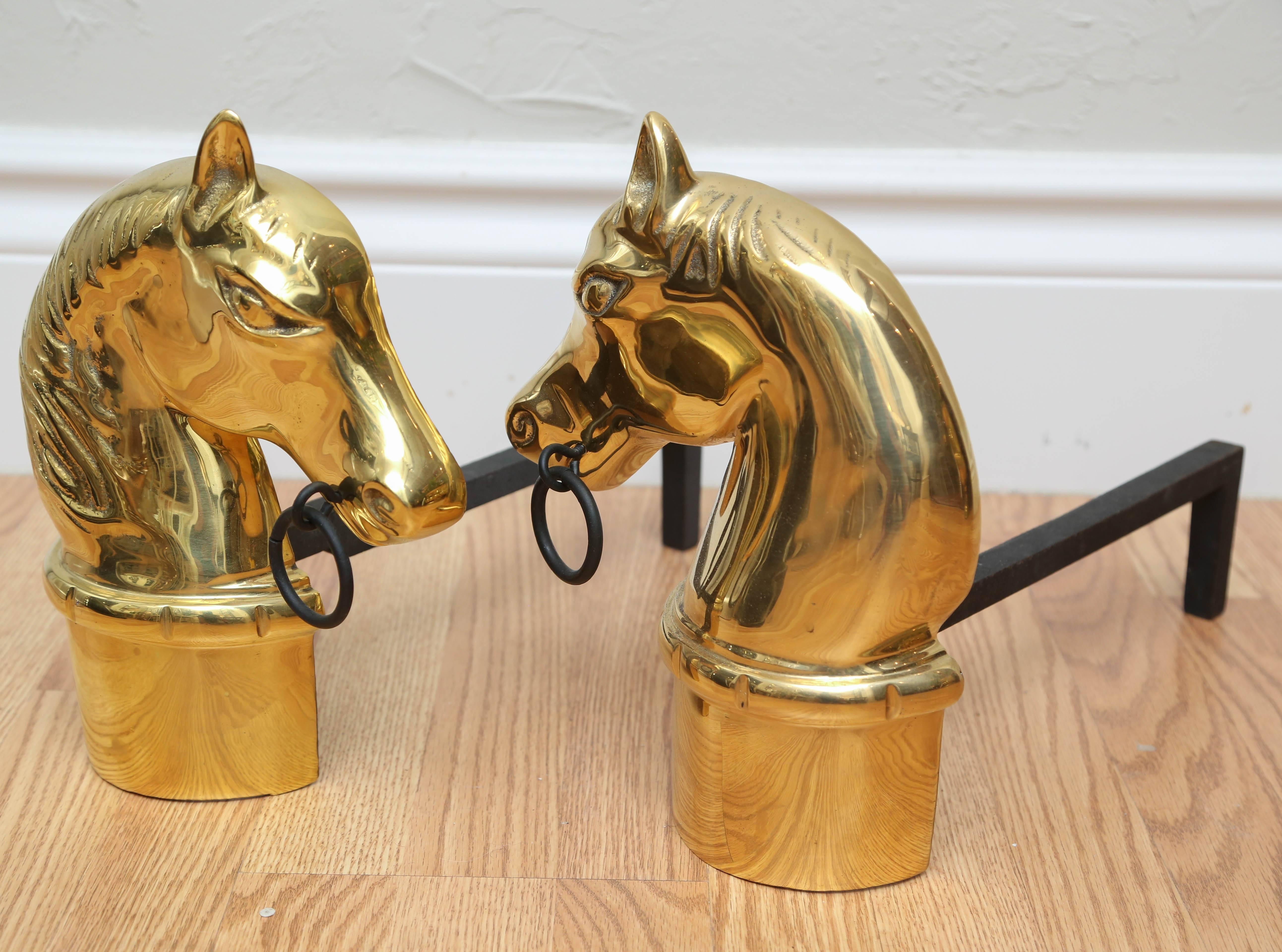 20th Century Pair of Solid Brass Horse Head Andirons