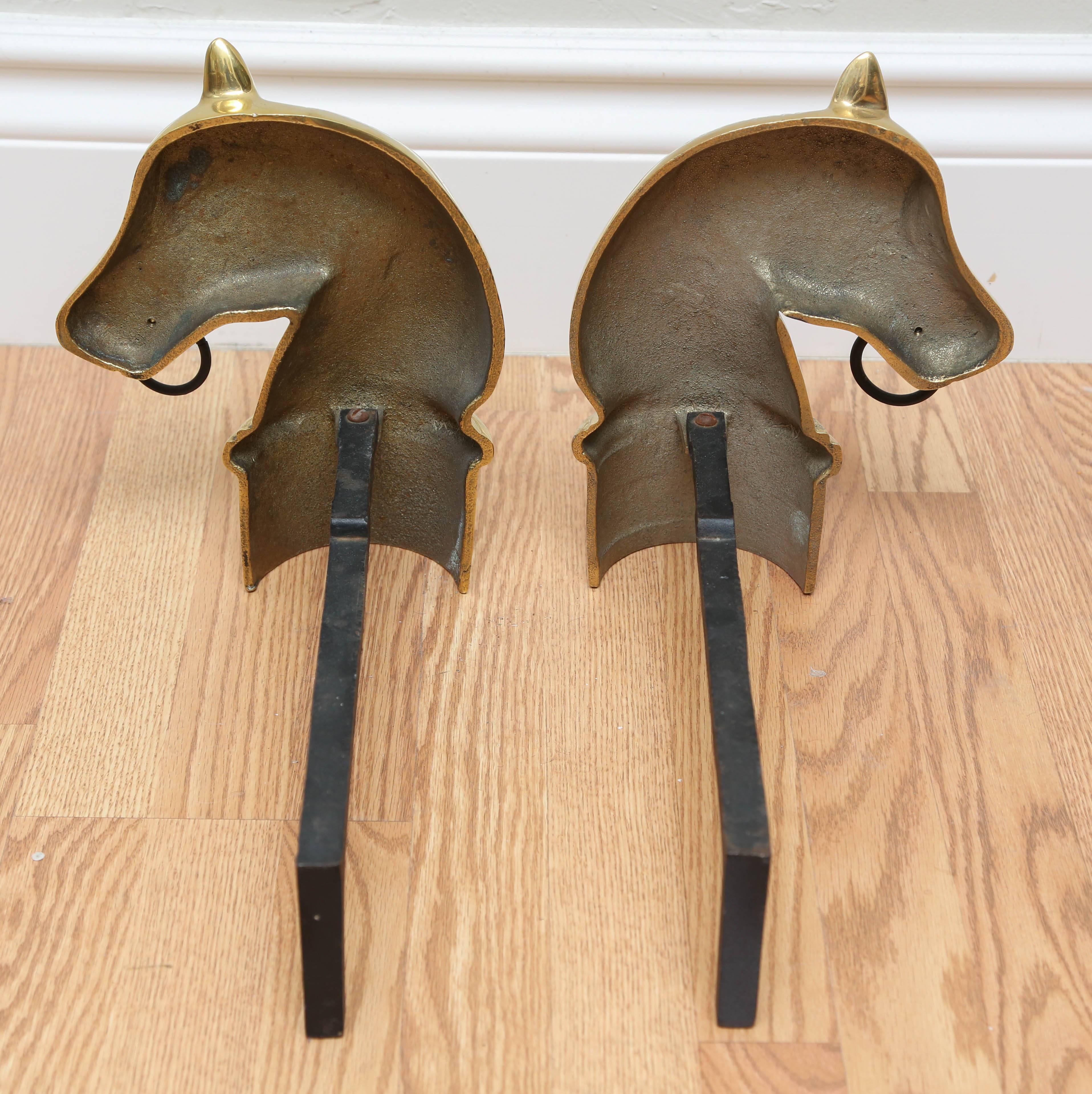 Pair of Solid Brass Horse Head Andirons 1