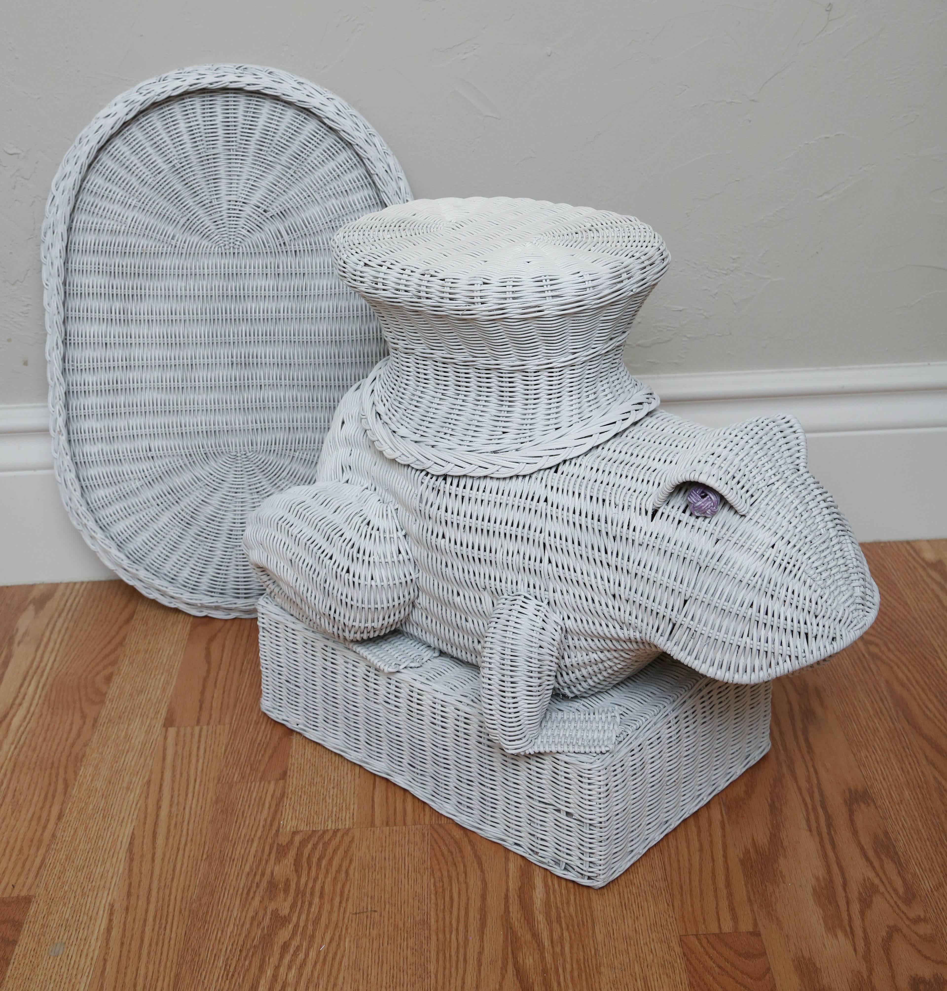 Whimsical frog wicker side table with removable tray top.