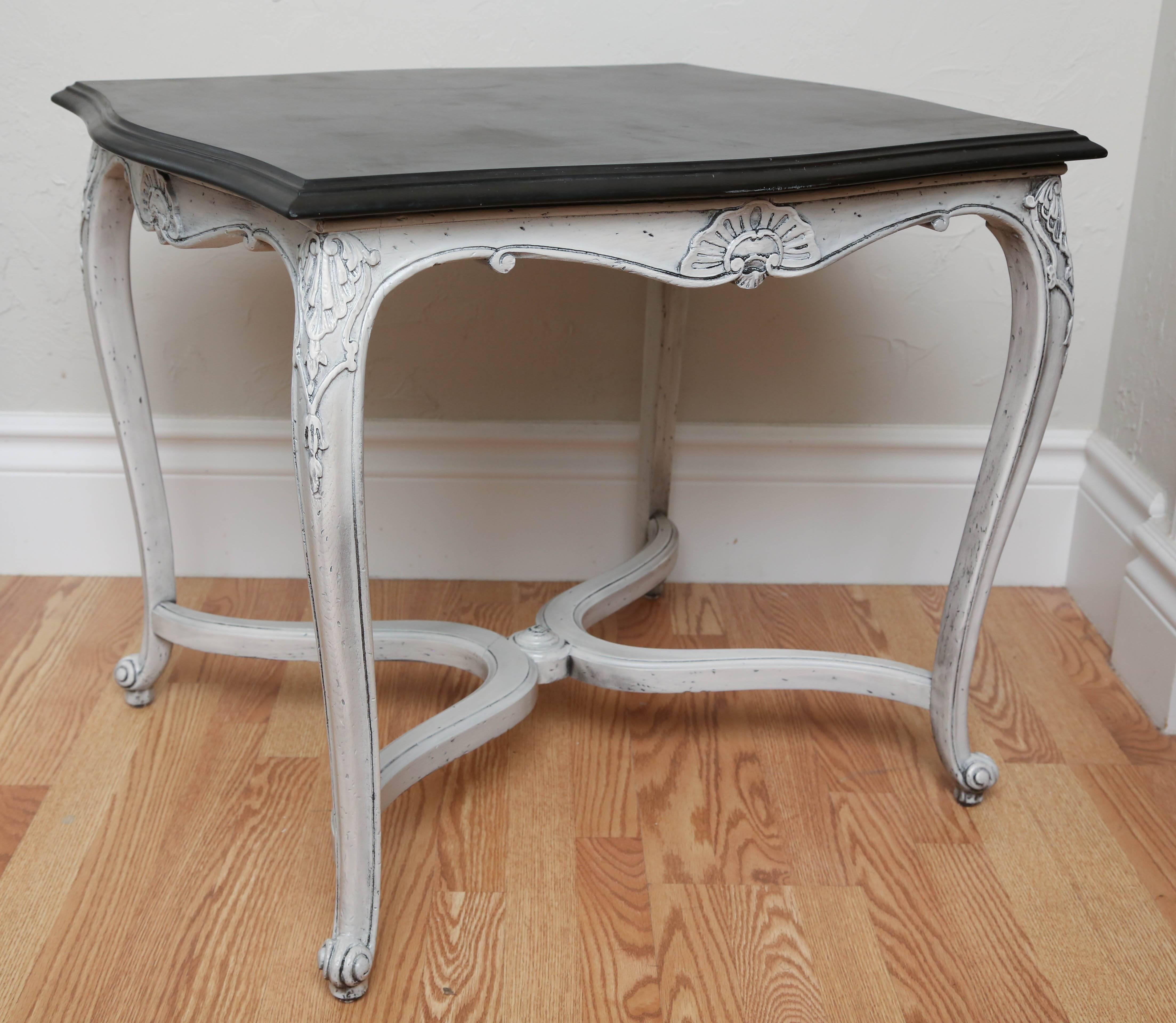 French regency style X-base side or end table with grey painted finish and bevelled slate top.