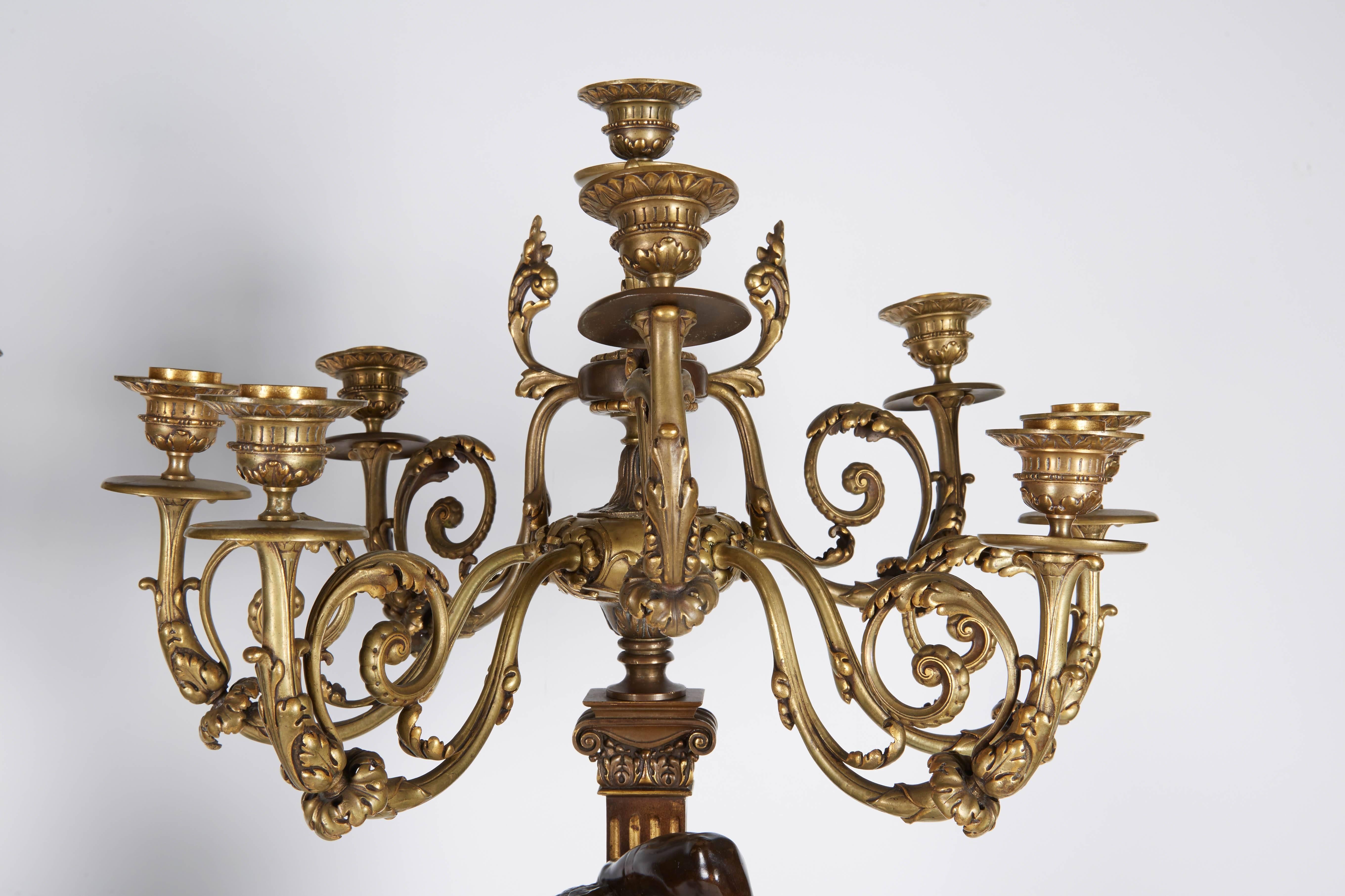 Ferdinand Barbedienne, a Large Pair of French Gilt Patinated Bronze Candelabras In Good Condition In New York, NY