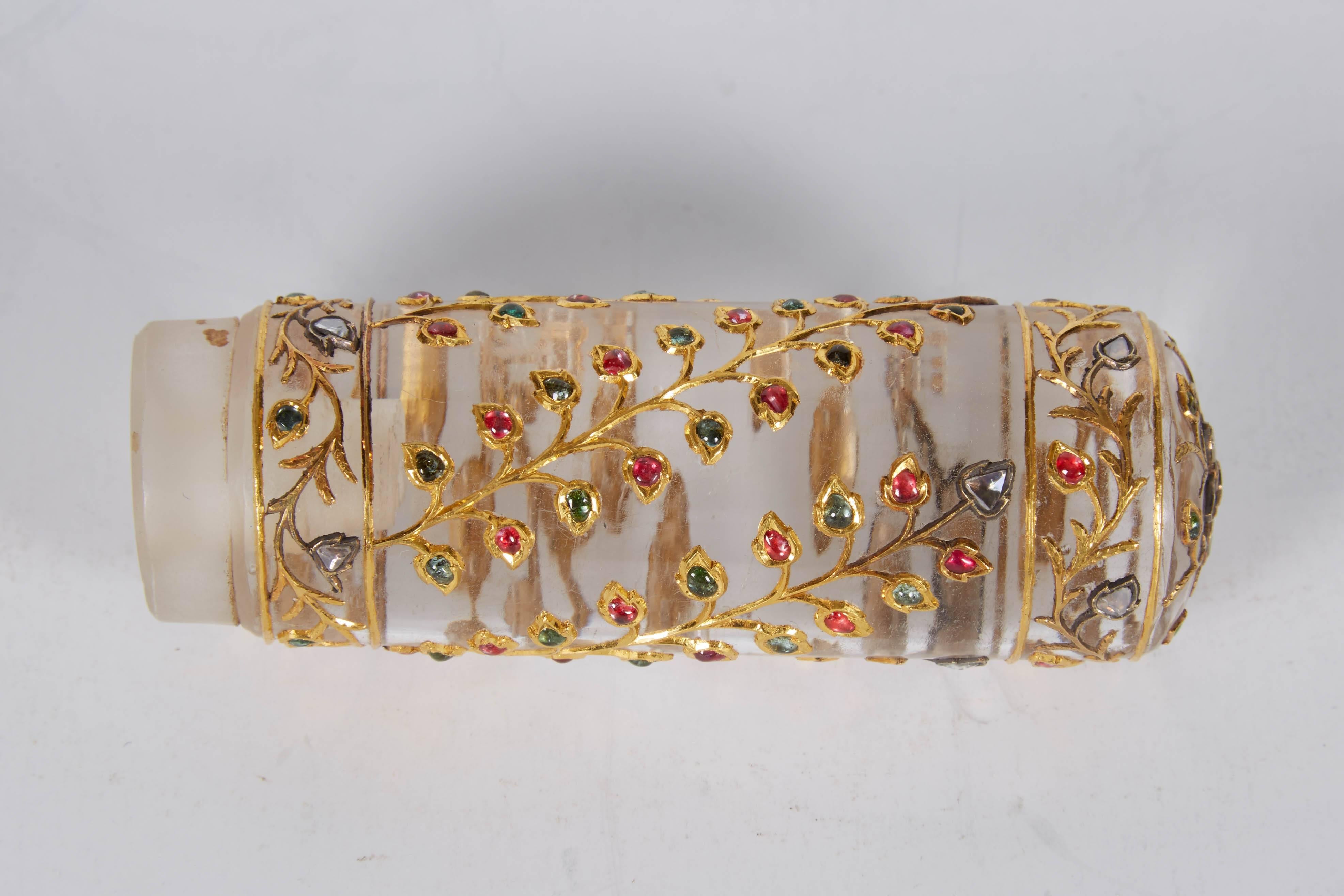 Rare Indian Mughal Rock Crystal and Gold Handle with Diamonds Rubies Emeralds In Excellent Condition In Queens, NY