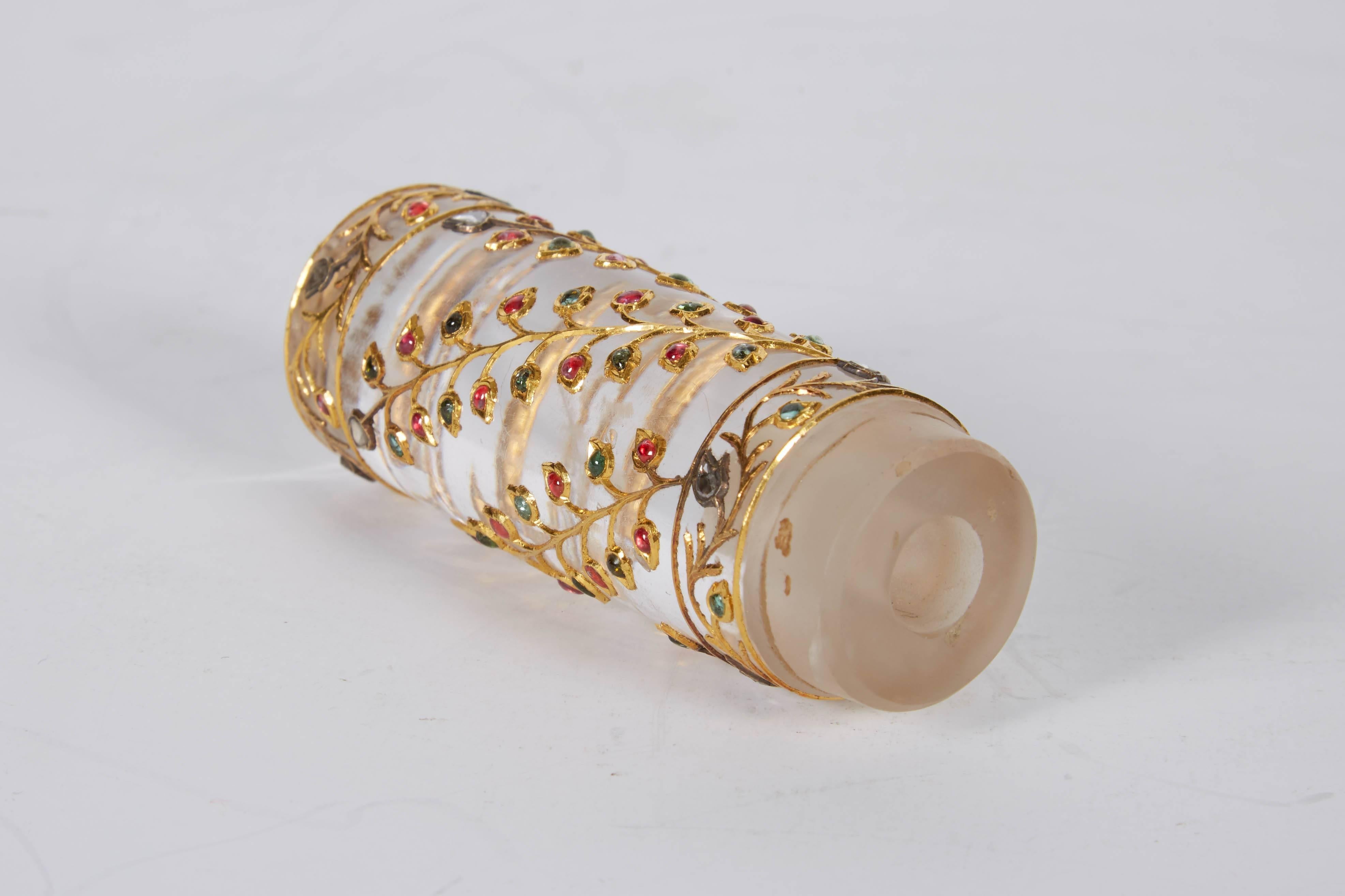 18th Century Rare Indian Mughal Rock Crystal and Gold Handle with Diamonds Rubies Emeralds