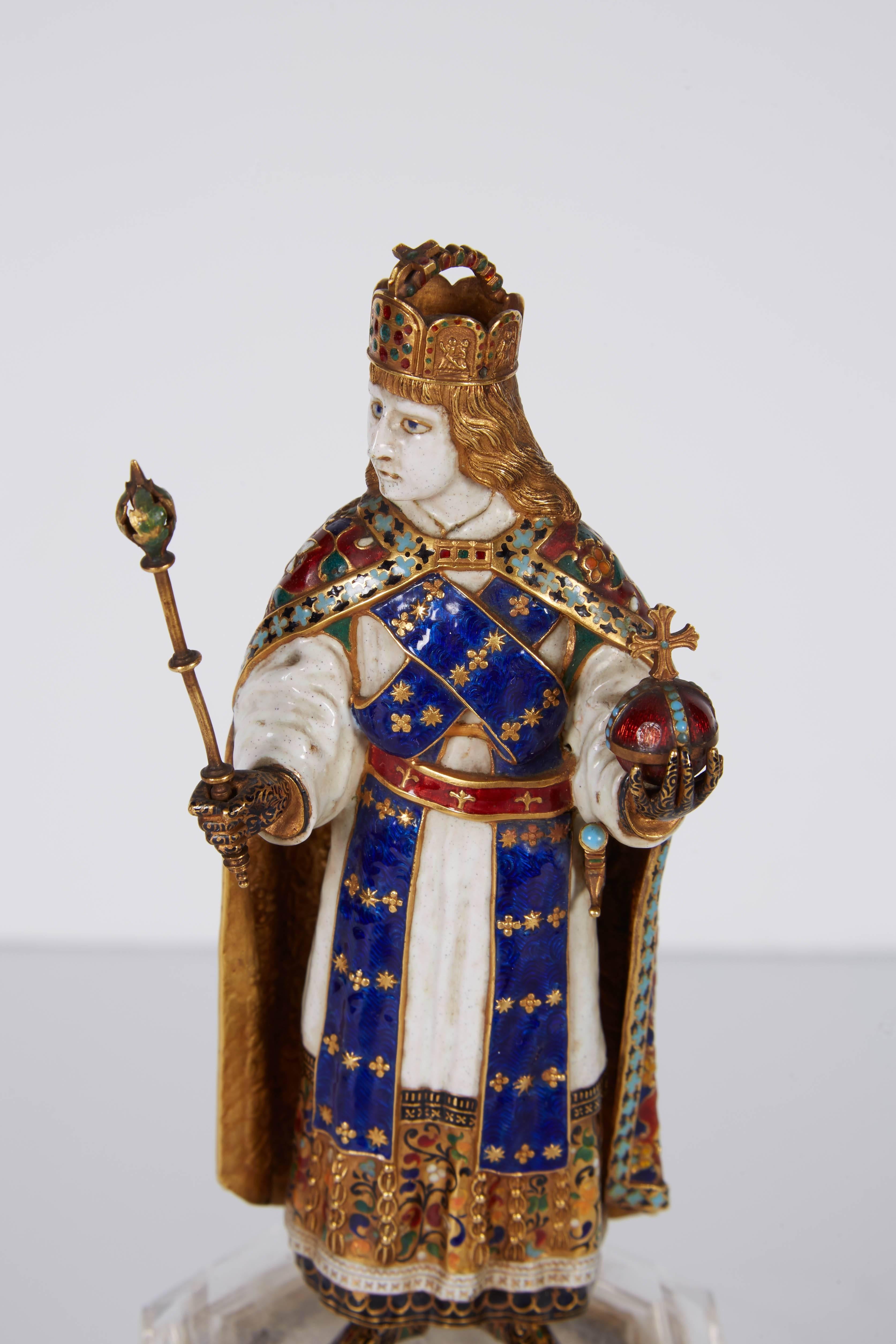 Emaille-Gold- und Bergkristallfigur von Kaiser Maximilian I. von Reinhold Vasters (Renaissance) im Angebot