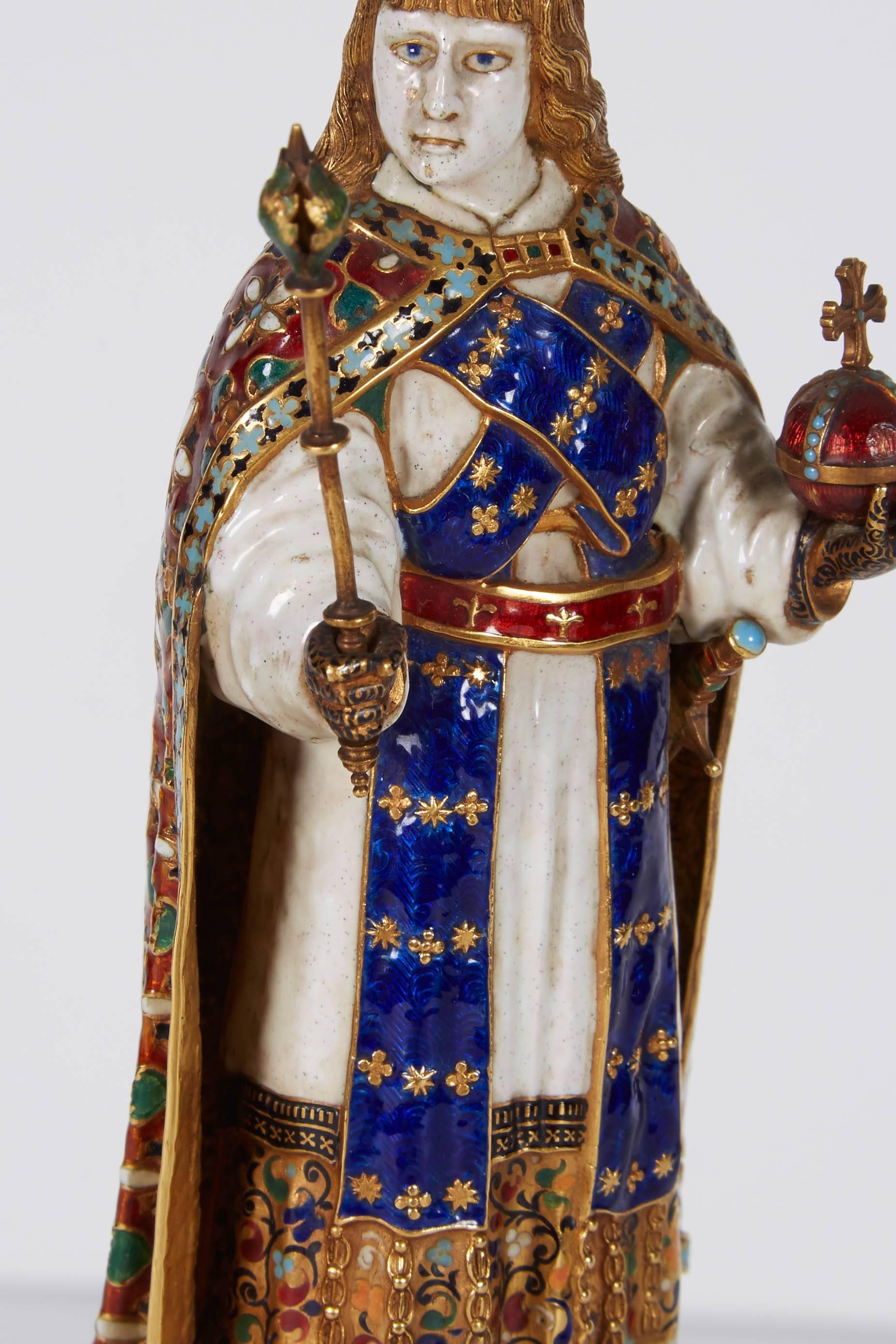 Emaille-Gold- und Bergkristallfigur von Kaiser Maximilian I. von Reinhold Vasters (19. Jahrhundert) im Angebot