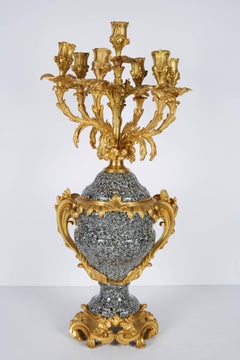 Large French Ormolu Bronze-Mounted Granite Candelabra Vase Lamp, 19th Century