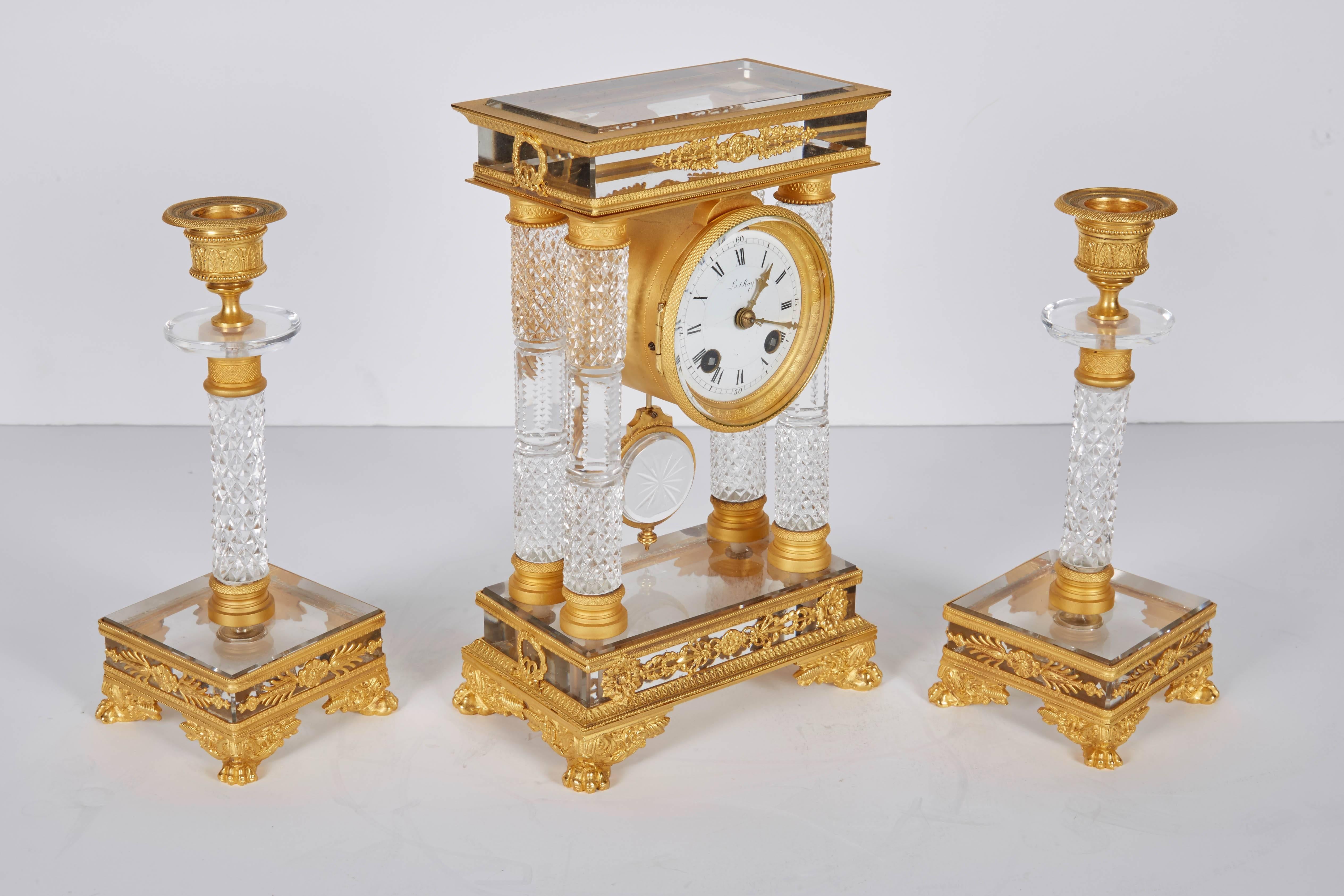 Napoleon III French Gilt Bronze and Crystal Glass Clock Set Garniture with Candlesticks