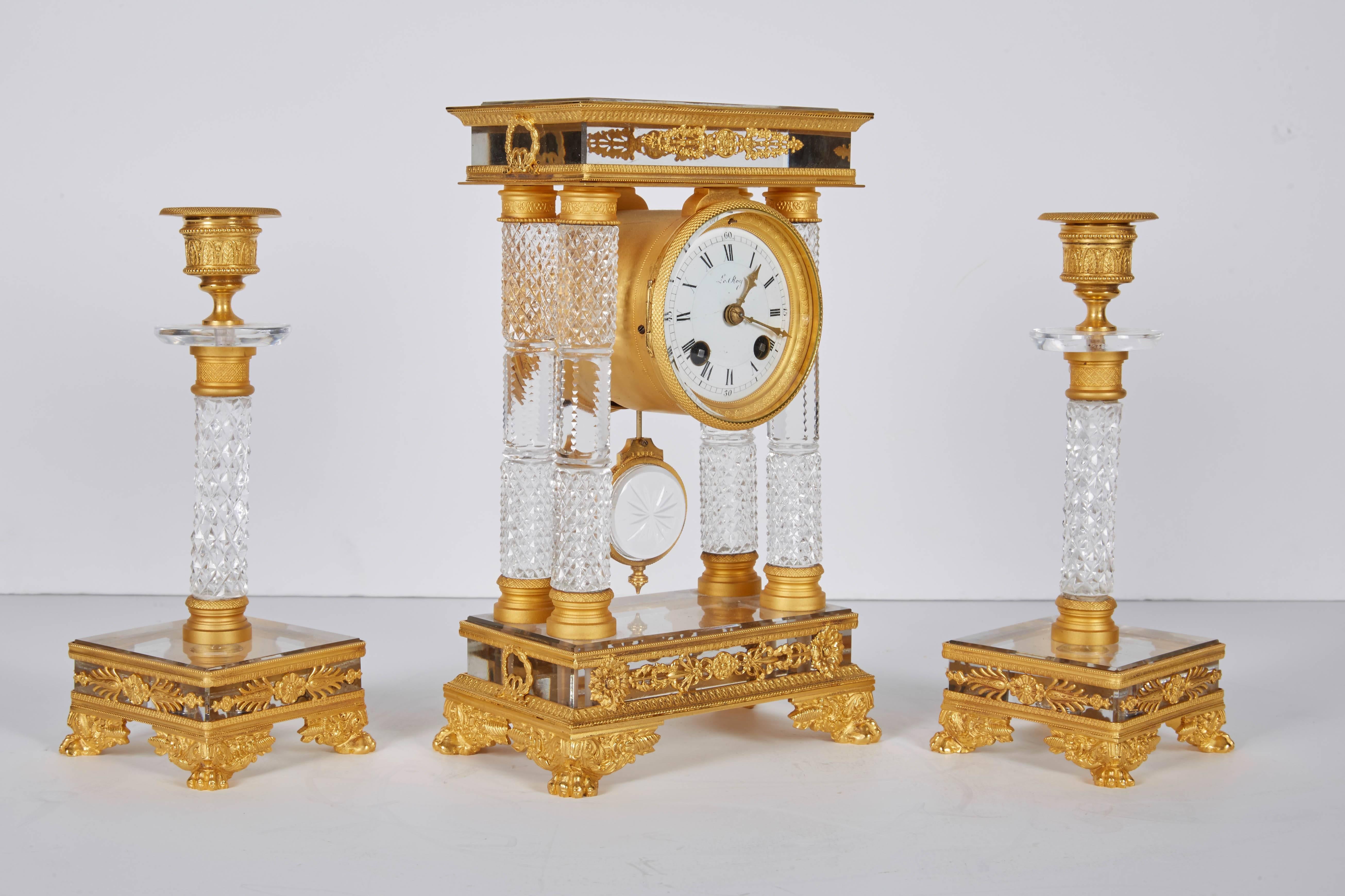 French Gilt Bronze and Crystal Glass Clock Set Garniture with Candlesticks In Excellent Condition In New York, NY