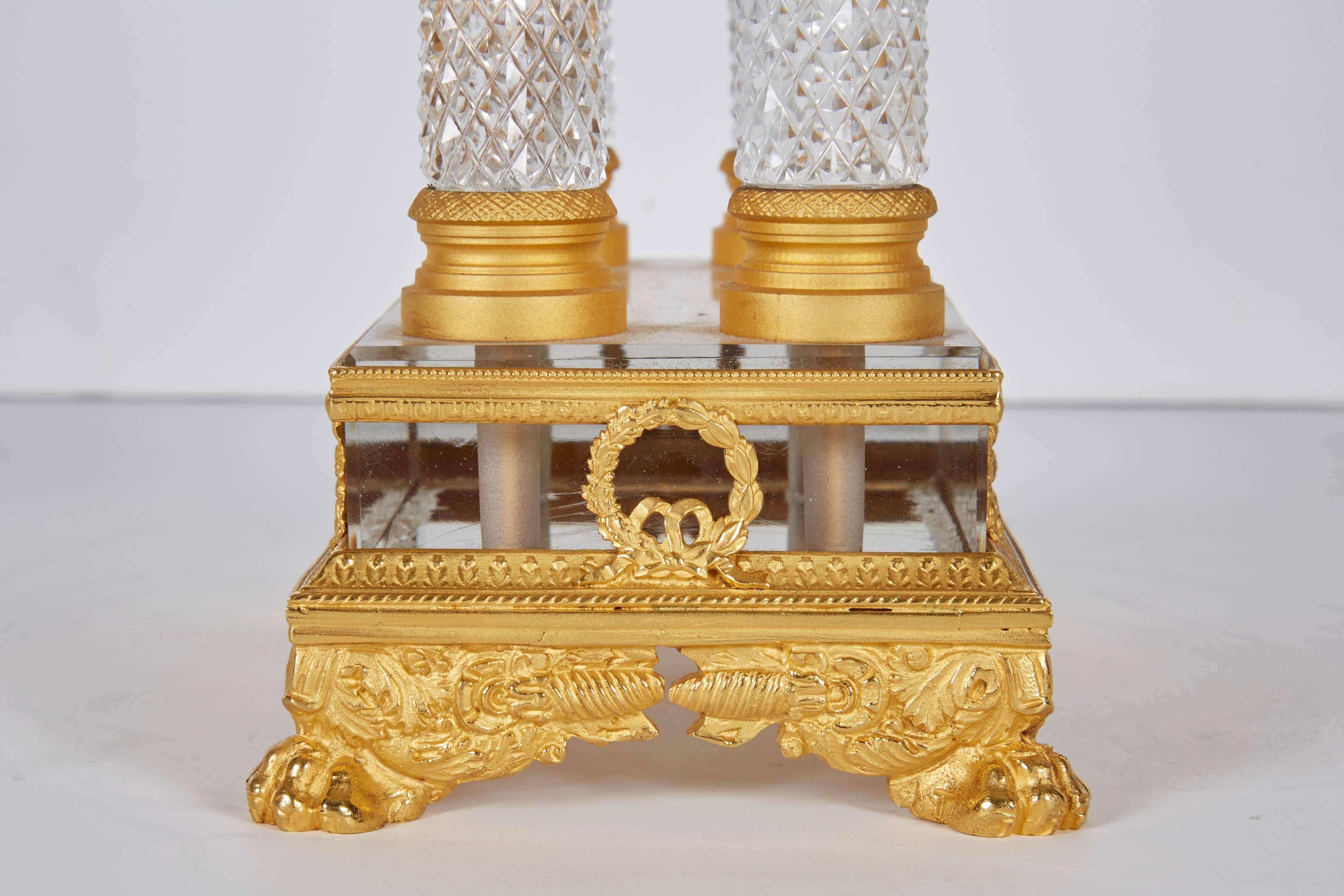 19th Century French Gilt Bronze and Crystal Glass Clock Set Garniture with Candlesticks