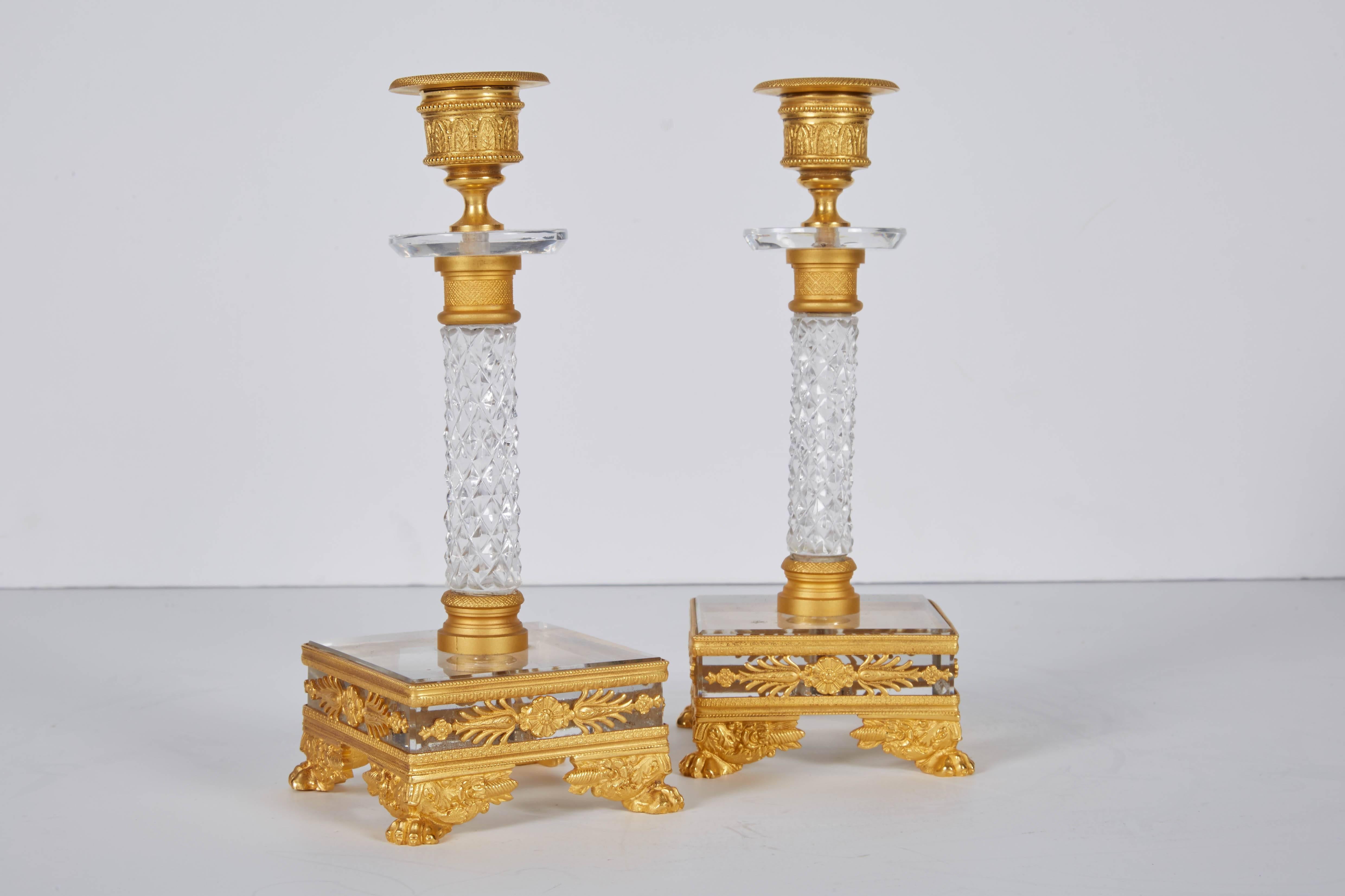 French Gilt Bronze and Crystal Glass Clock Set Garniture with Candlesticks 2