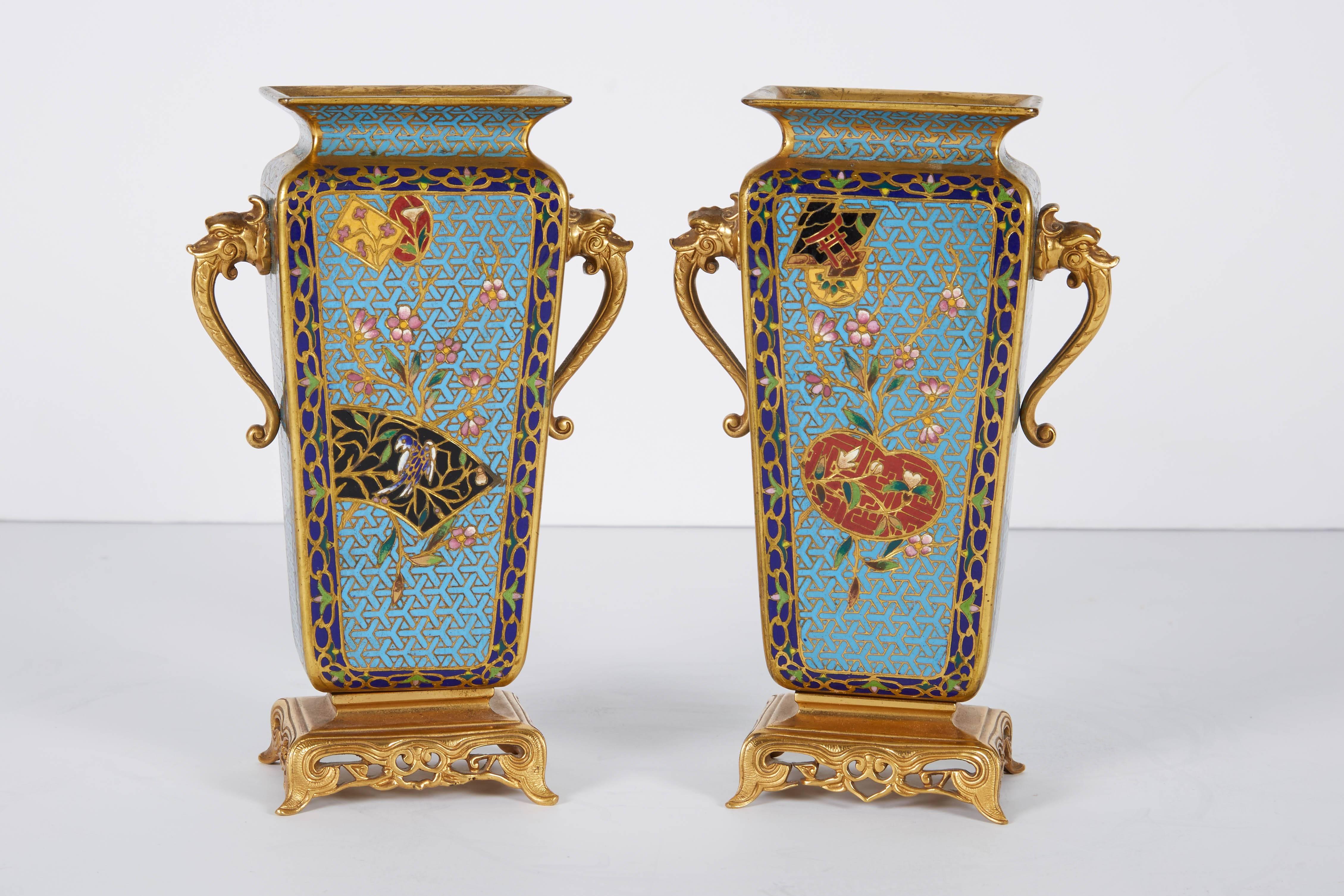 Pair of French Japonisme Bronze Ormolu and Champlevé Cloisonné Enamel Vases In Excellent Condition In New York, NY