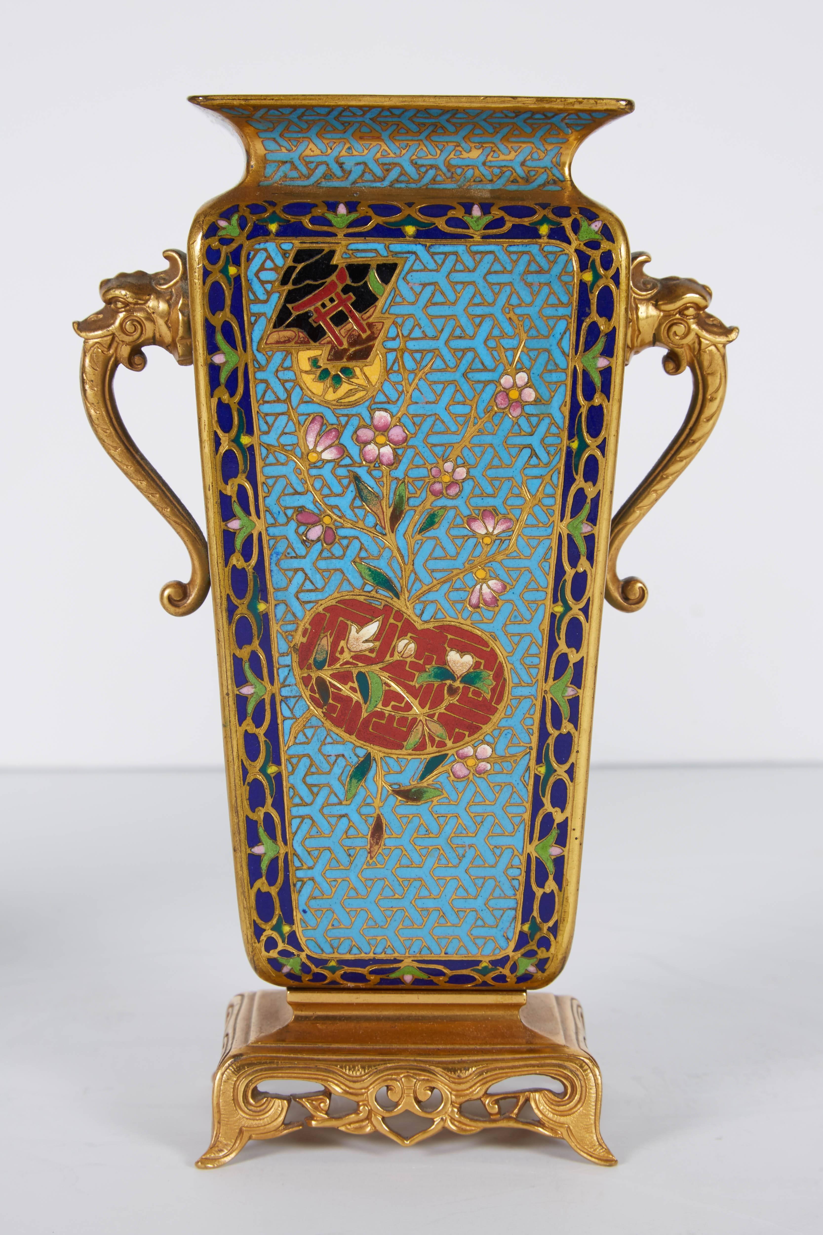 19th Century Pair of French Japonisme Bronze Ormolu and Champlevé Cloisonné Enamel Vases