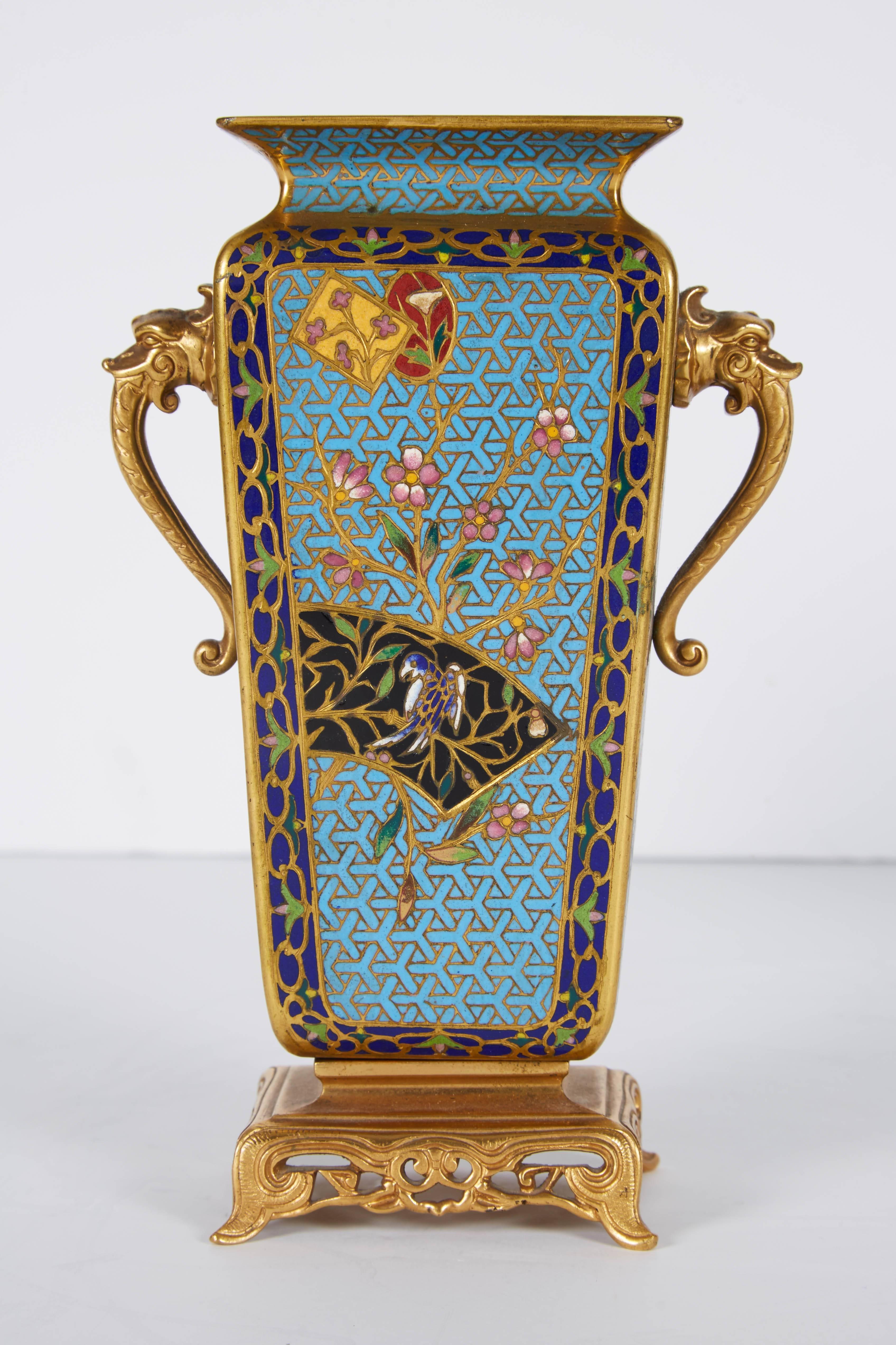 Pair of French Japonisme Bronze Ormolu and Champlevé Cloisonné Enamel Vases 1