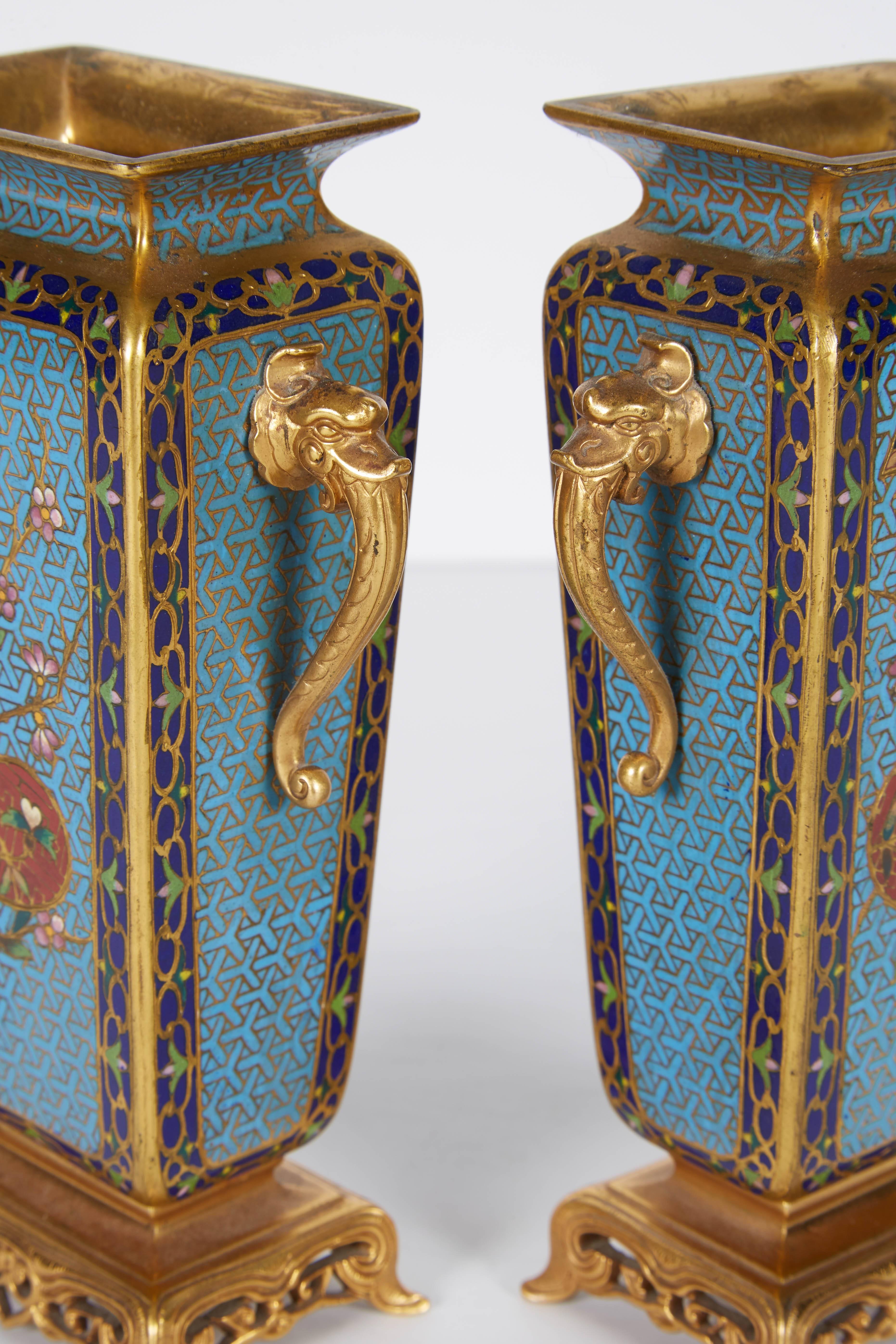 Pair of French Japonisme Bronze Ormolu and Champlevé Cloisonné Enamel Vases 2