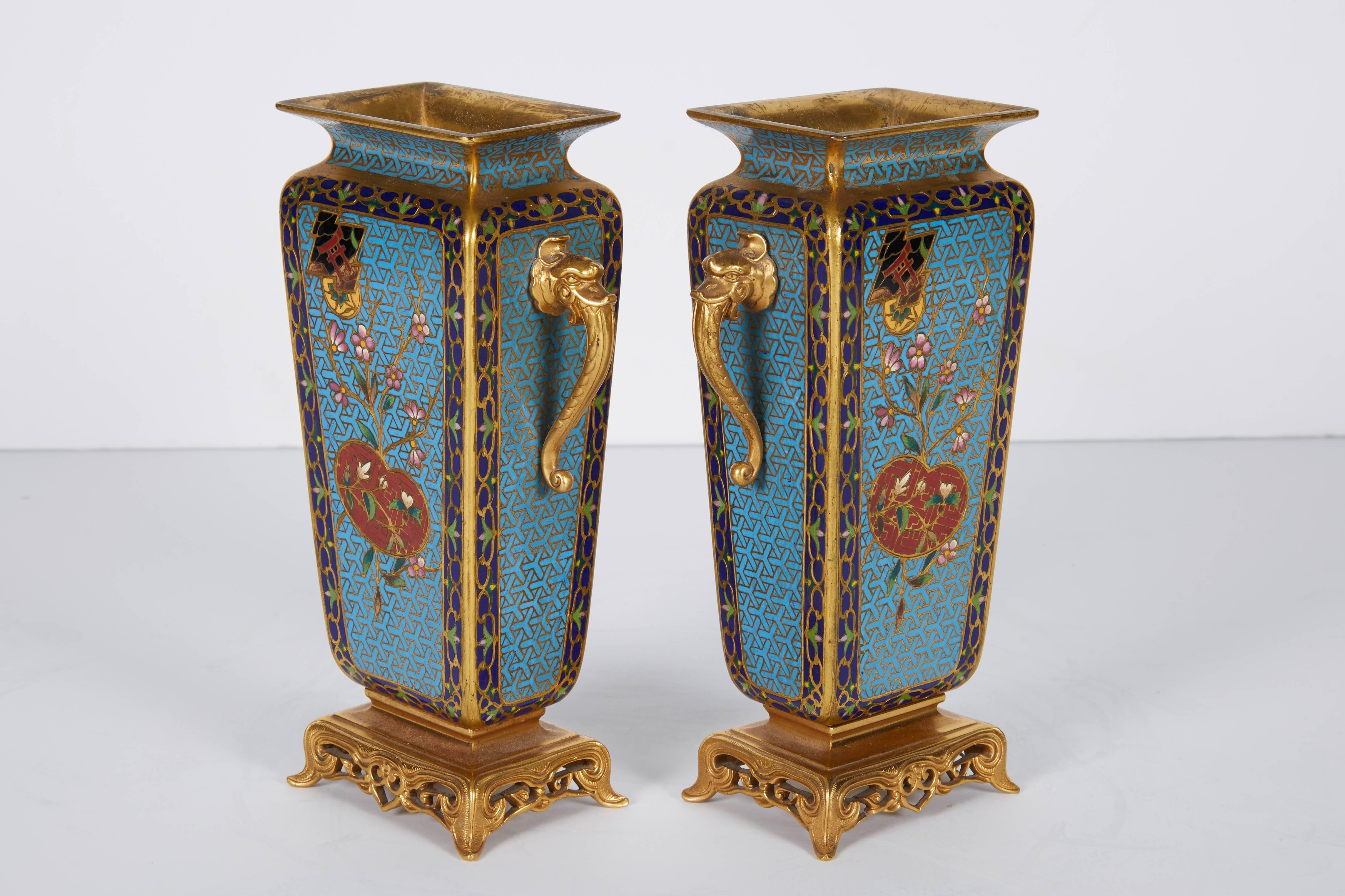 Pair of French Japonisme Bronze Ormolu and Champlevé Cloisonné Enamel Vases 3