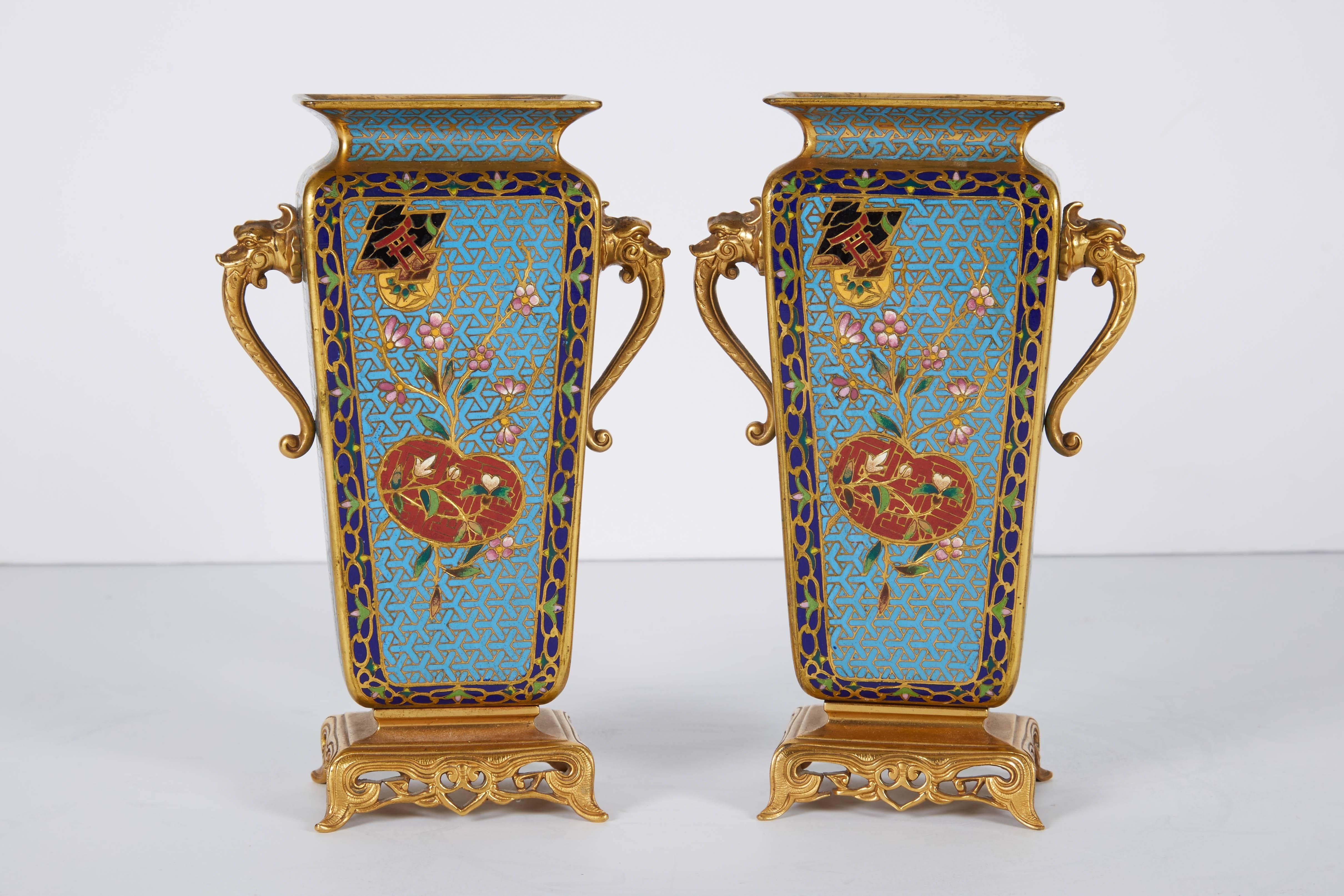 Pair of French Japonisme Bronze Ormolu and Champlevé Cloisonné Enamel Vases 4