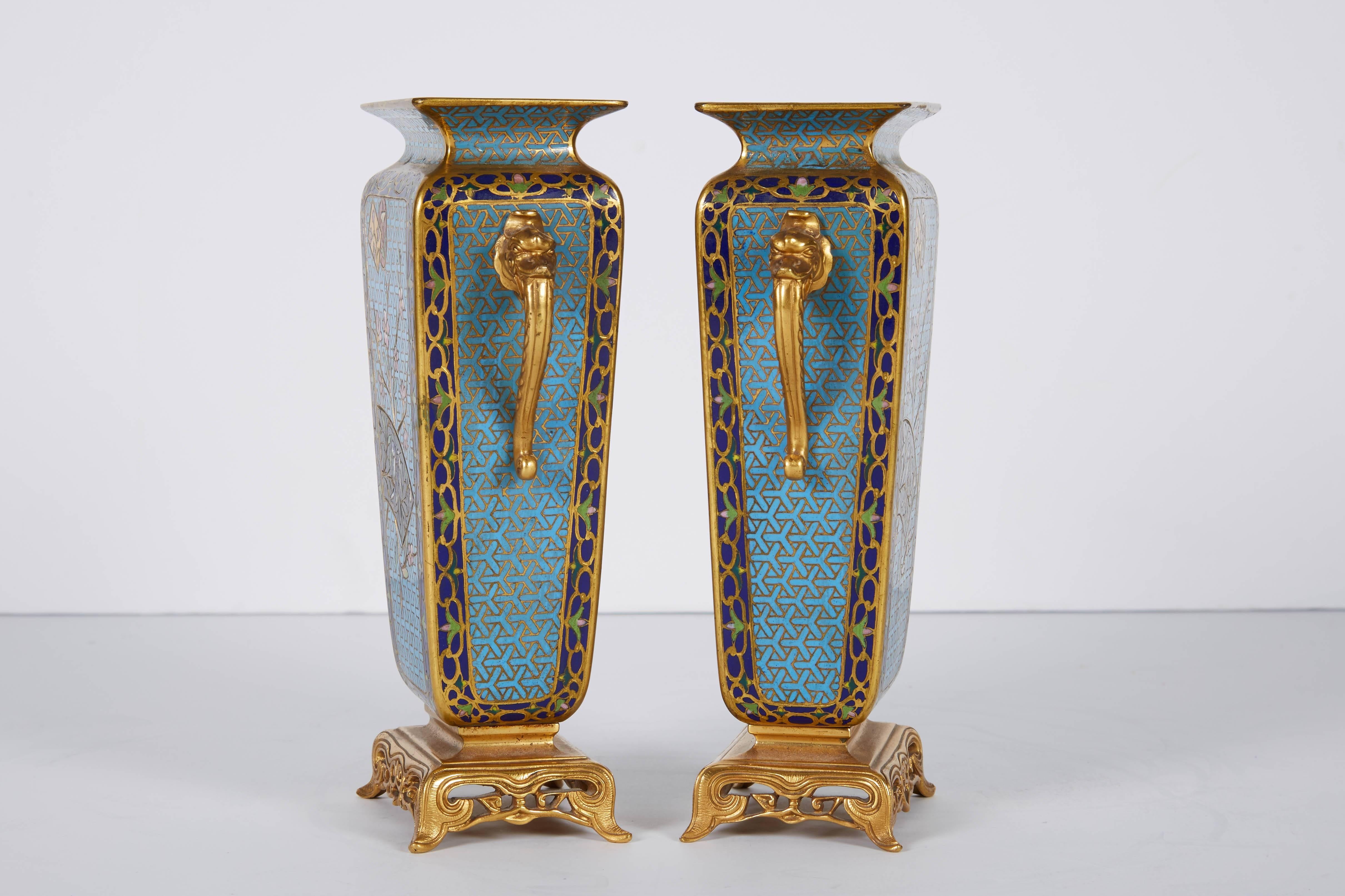 Pair of French Japonisme Bronze Ormolu and Champlevé Cloisonné Enamel Vases 5