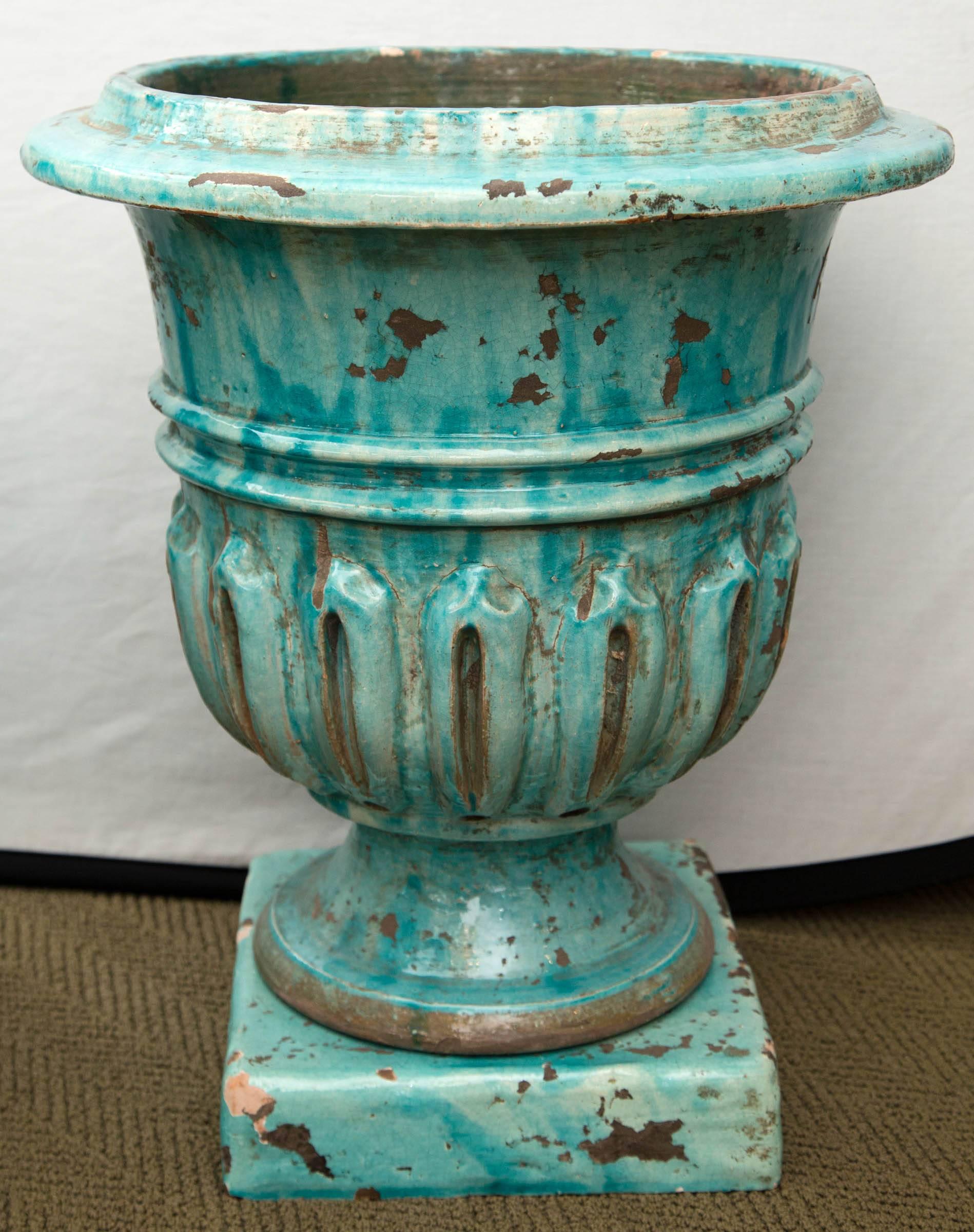 French Pair of Hand-Painted Blue and Green Terracotta Planters For Sale