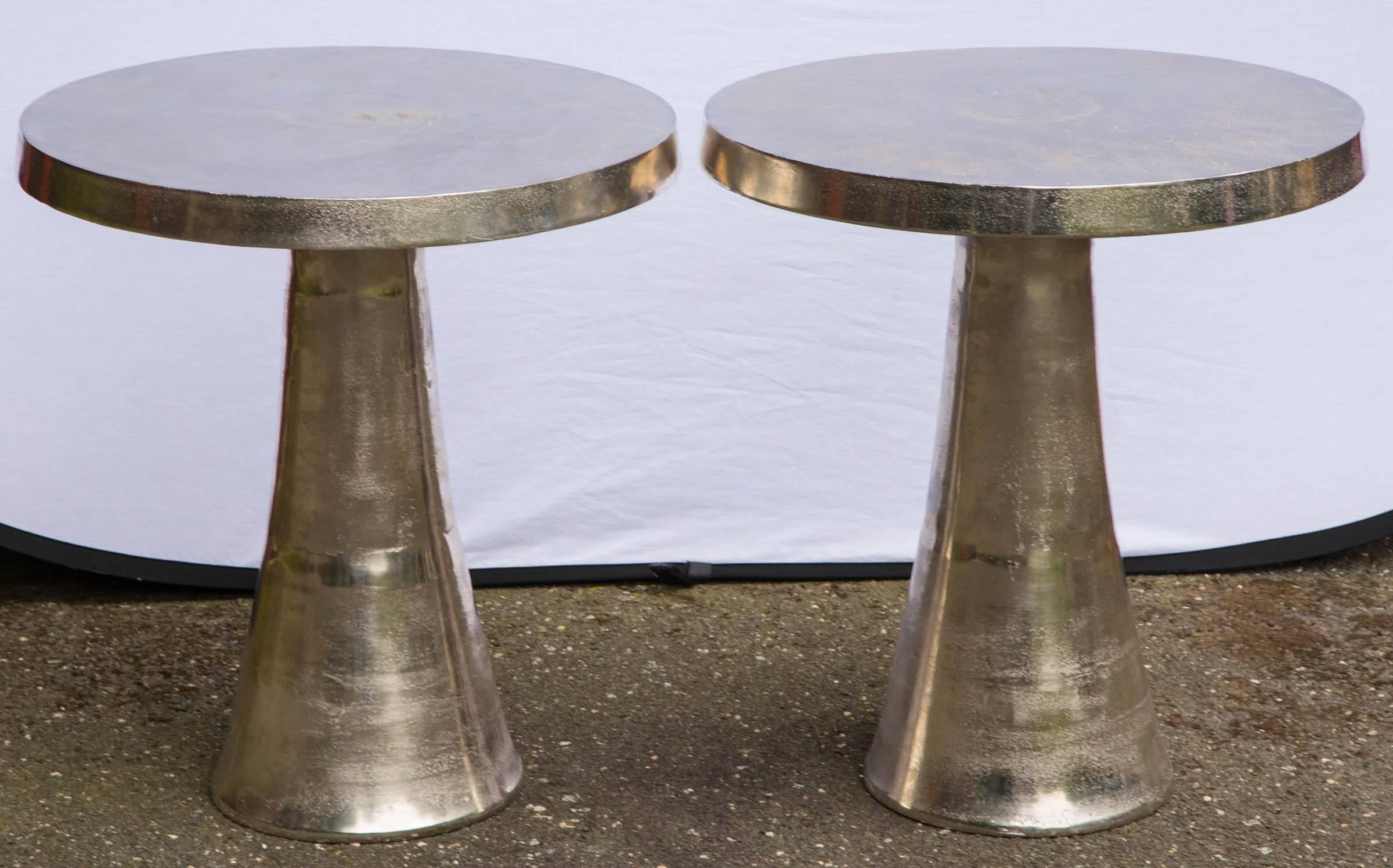 French Unique Pair of Round Polished Stainless Steel Tables