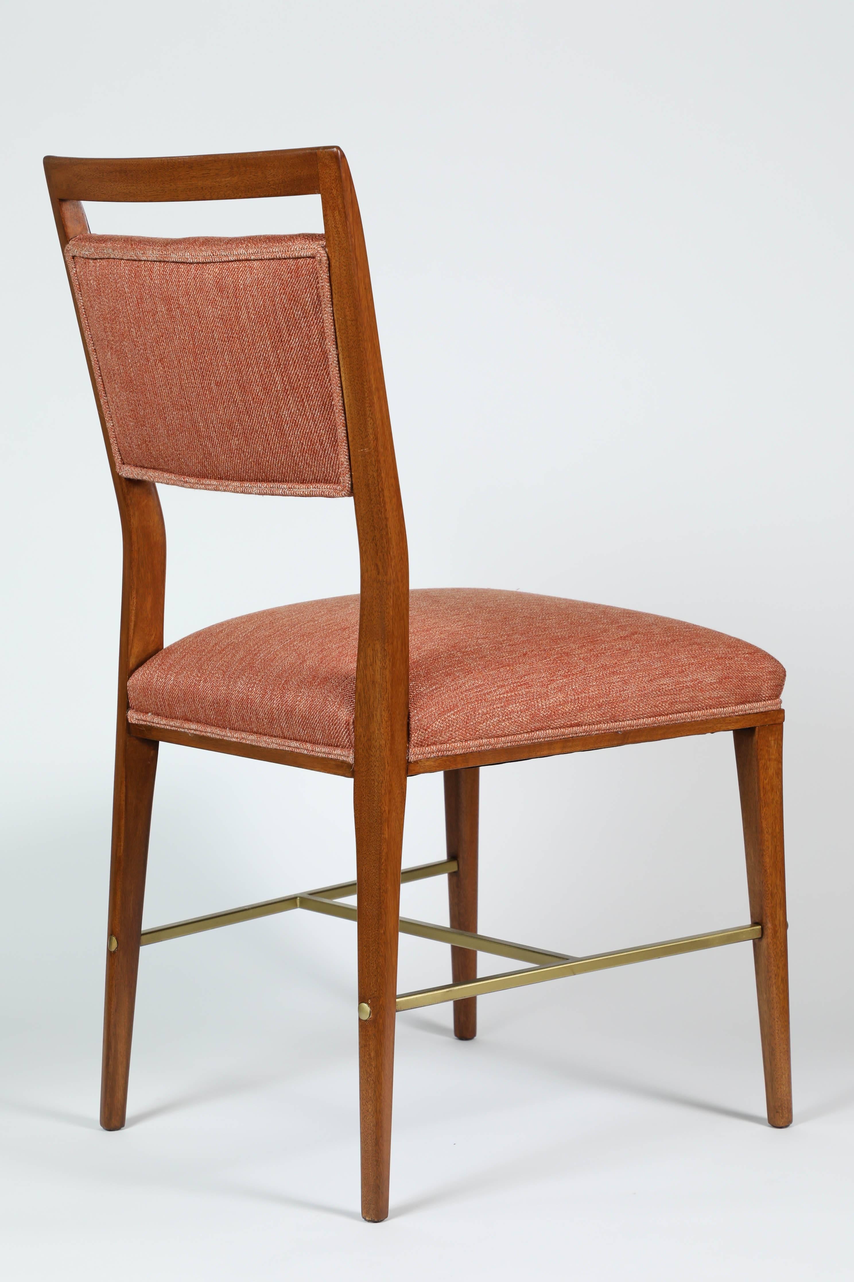 Restored and reupholstered eight dining chairs, two with arms.
Dark honey colored wood with brass detail on the base of the legs.
Very comfortable
Chairs: 36